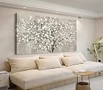 Tigeridge Blooming Flower Tree Toile Art mural - White Blossoms Green Leaves Pictures Wall Decor Soft Grey Painting Artwork Elégant imprimé floral Chambre à coucher Salon Decor prêt à accrocher 120x60cm