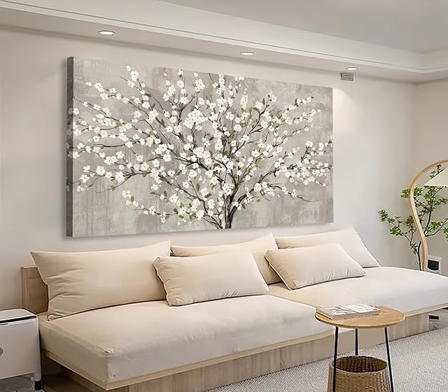 Tigeridge Blooming Flower Tree Toile Art mural - White Blossoms Green Leaves Pictures Wall Decor Soft Grey Painting Artwork Elégant imprimé floral Chambre à coucher Salon Decor prêt à accrocher 120x60cm