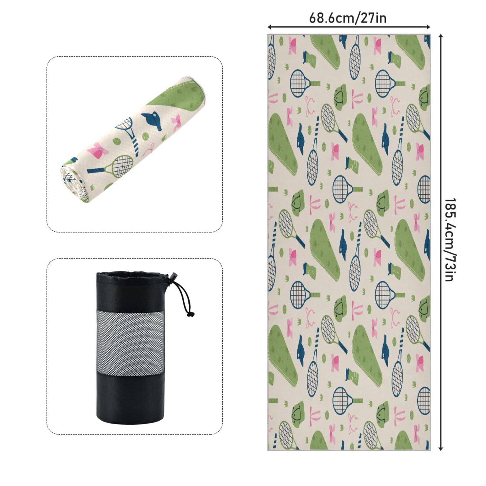 pnyoin Yoga Towel Lovely Green Tennis Hot Yoga Mat Towel with Grip Dots Sweat Absorbent Non-Slip for Hot Yoga, 24