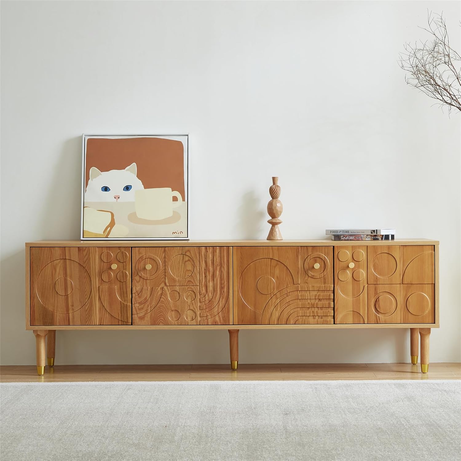 XEW Mid-Century TV Stand with Artistic Carved Doors, Modern TV Console with 4 Cabinet Storage, Retro Media Console for 50-80 inch TV, Entertainment Center for Living Room - 70.9IN/Wood