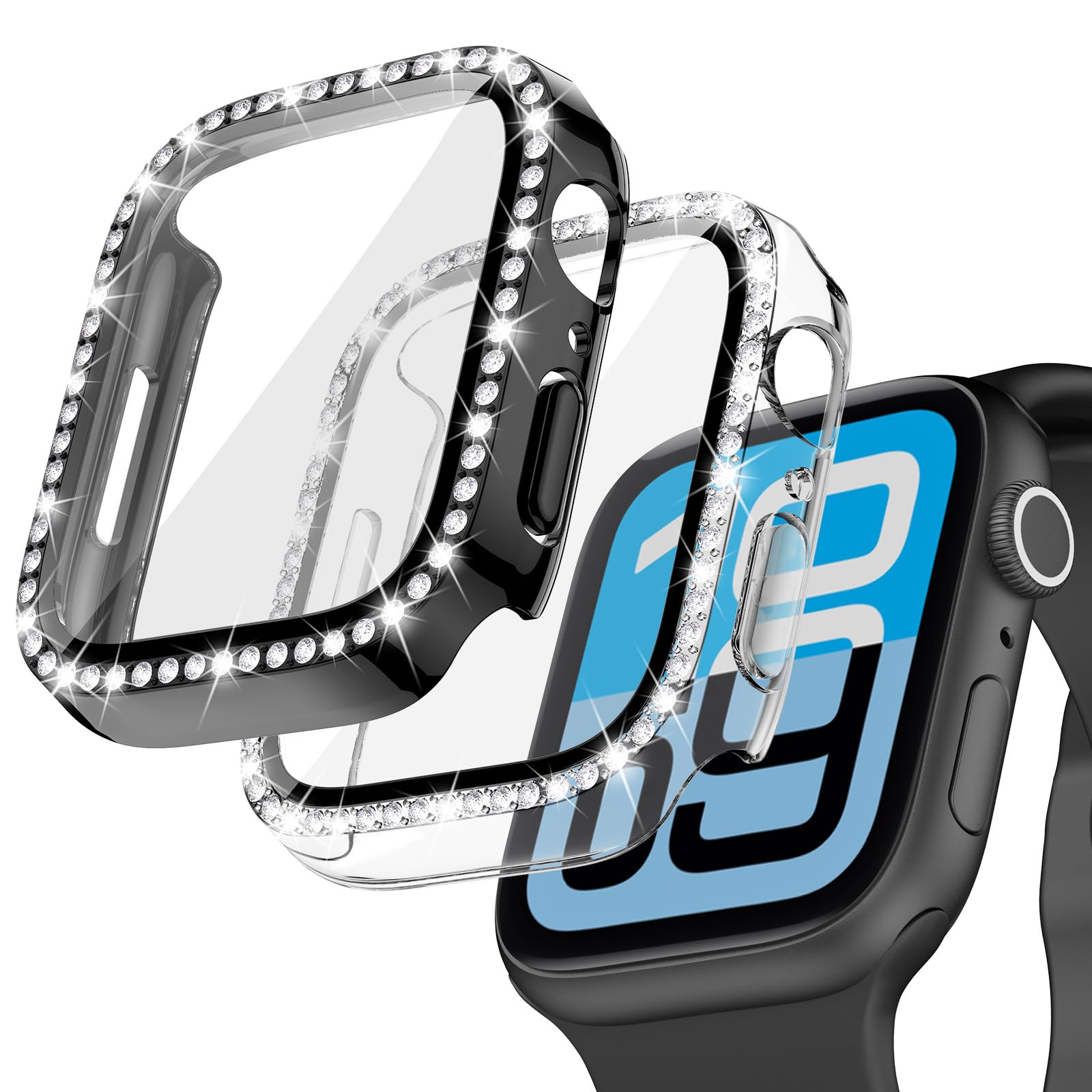 Goton 2-Pack Bling Case for Apple Watch Screen Protector 44mm SE 3/2/1, Series 6 5 4, Women Glitter Diamond Rhinestone Bumper Face Cover for iWatch