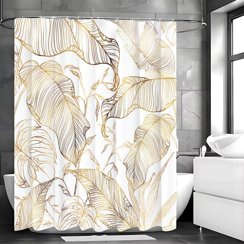 Ajalgz Bathroom Shower Curtian Golden Leaf Shower Curtain, Bathroom Decorative Waterproof Bathtub Bathing Cover With Hooks(115X220cm/Extra Long Shower Curtain)