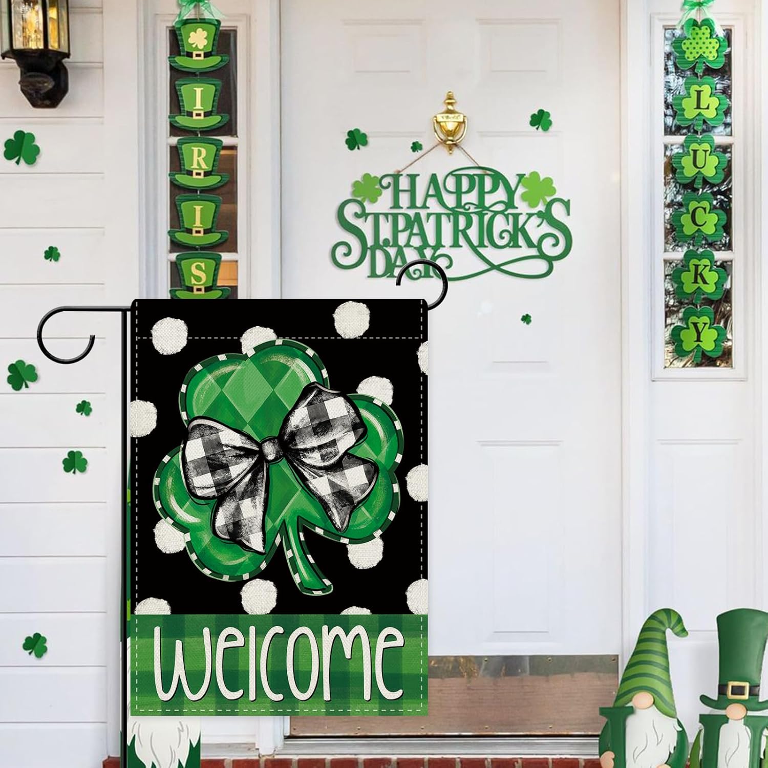 Dyrenson Welcome St Patricks Day Decorative Garden Flag, Lucky Shamrock Clover Plaid Bow Polka Dots Yard Outside Home Decoration, Irish Spring Burlap Outdoor Small Decor Double Sided 12 x 18 - Image 6