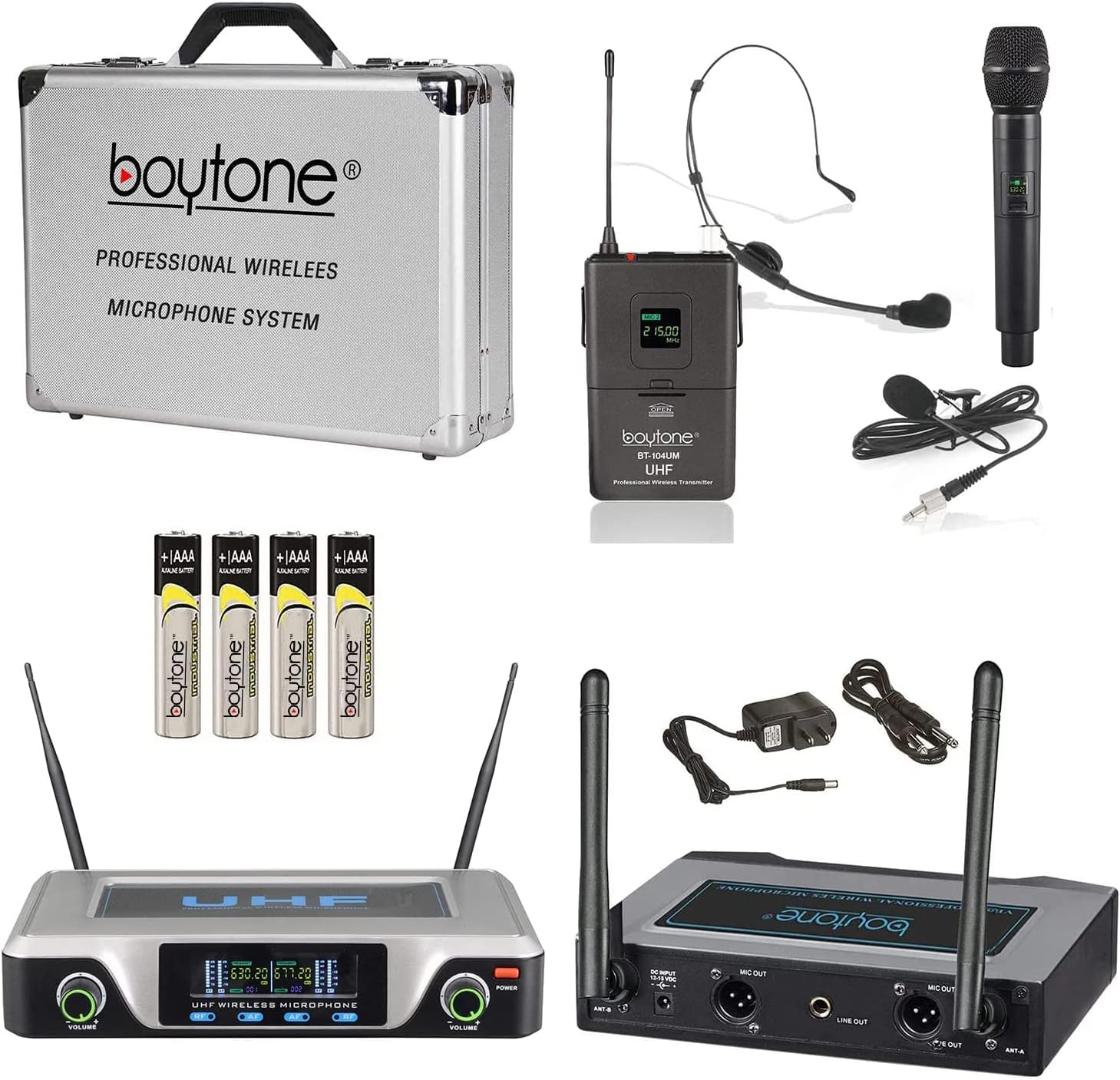 Boytone, UHF Wireless Microphone System, Dual fix Channel Handheld Dynamic Mics/Lapel/Headset/Body Pack, for Home Party, Meeting, Wedding, Church, with Aluminum Carrying case, 110/220 (BT-104UM)