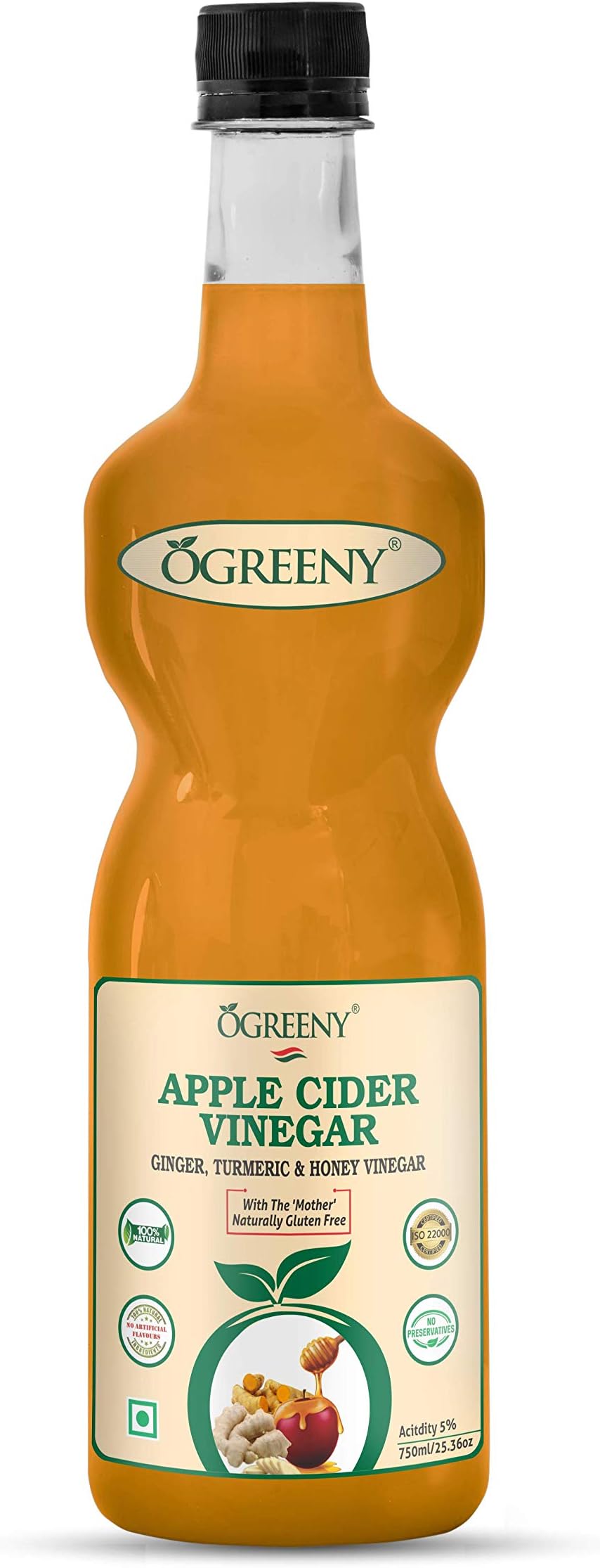 OGREENY Apple Cider Vinegar Mother With Ginger Turmeric And Honey-750 ml (Made with Organic Apple juice)