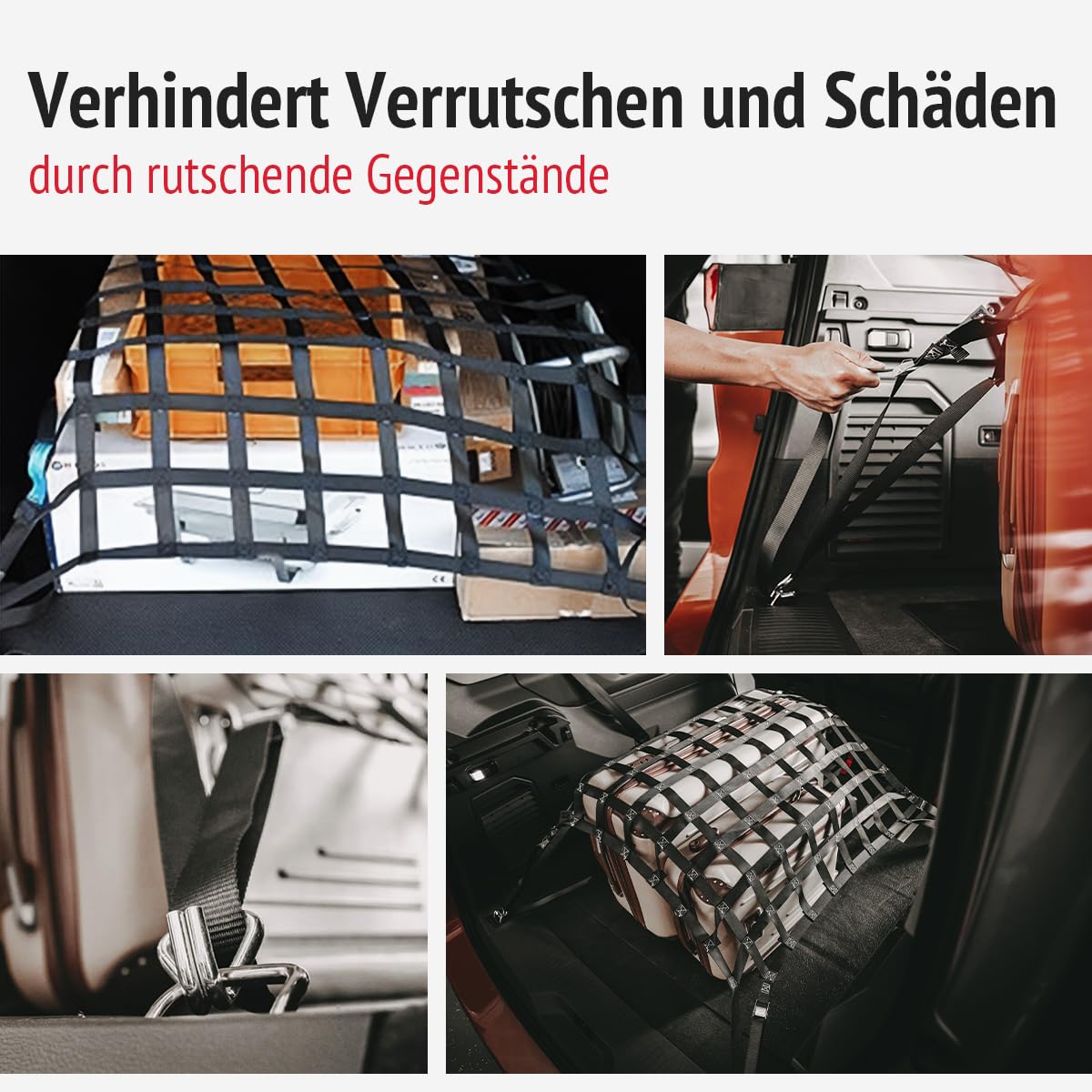PKW Ladungssicherungsnetz aus Gurtband | Praktisches Gepäcknetz für das Auto | Ideal für sicheren Transport | Größe: 880x880mm | Farbe: schwarz