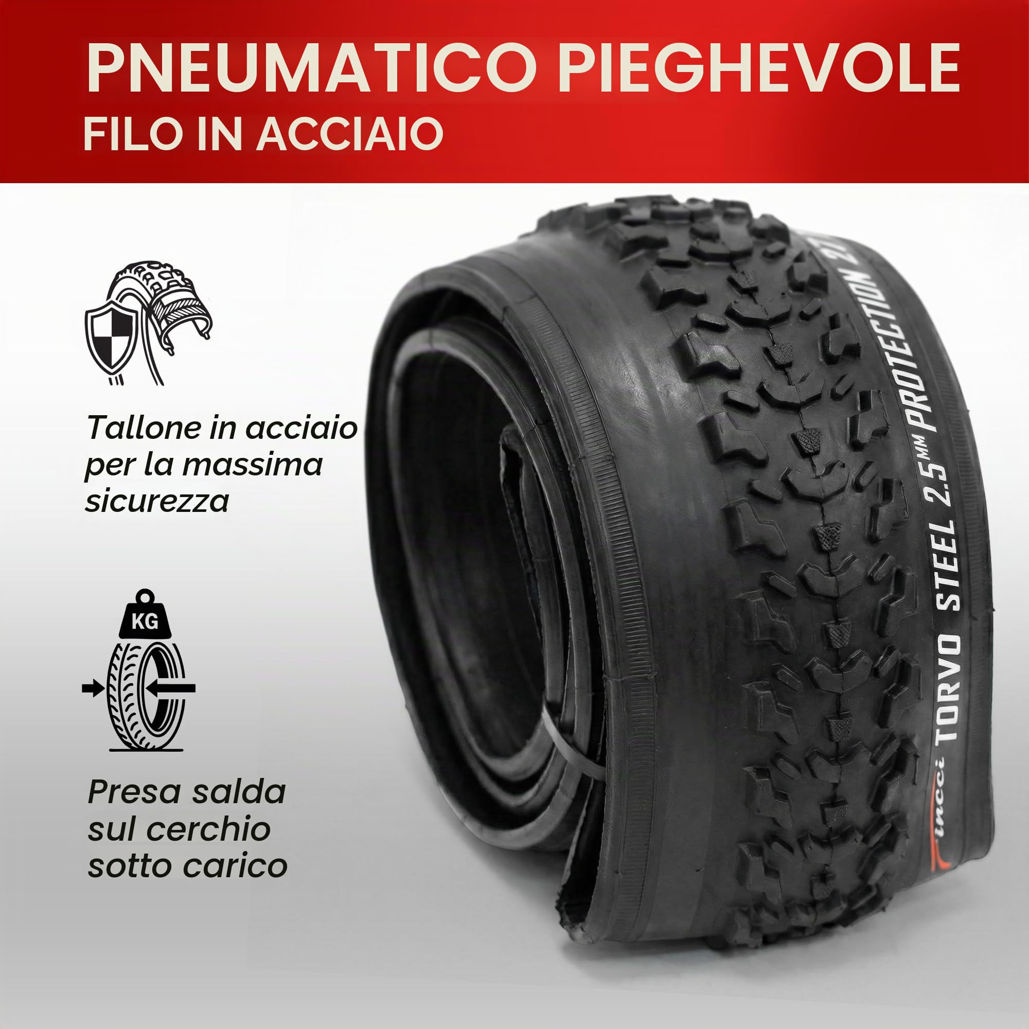 Fincci Copertone Bici 26 x 2.10 56-559 Pieghevole con Protezione | Copertone 26 x 2.10 con Protezione Antiforatura da 2.5 mm e Carcassa 27 TPI per Pressione 40-65 PSI - Set da 2