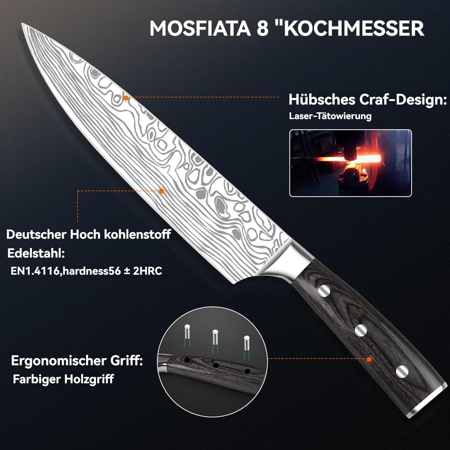 Juego de Cuchillos de Cocina Profesionales 5 Piezas, Incluye Cuchillo de Chef 20cm, Cuchillo para Pan 20cm, Nakiri 18cm, Cuchillo Multiusos 13cm, Cuchillo para Frutas 9cm