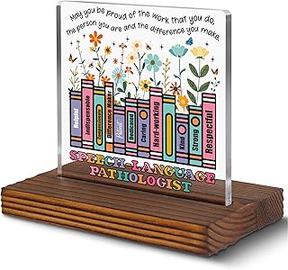 Speech-Language Pathologist Gift for SLP Week or End of School Year, Inspirational Book Stack Desk Sign with Positive Traits, Thank You Plaque for Therapy Office or Classroom Decor EC294