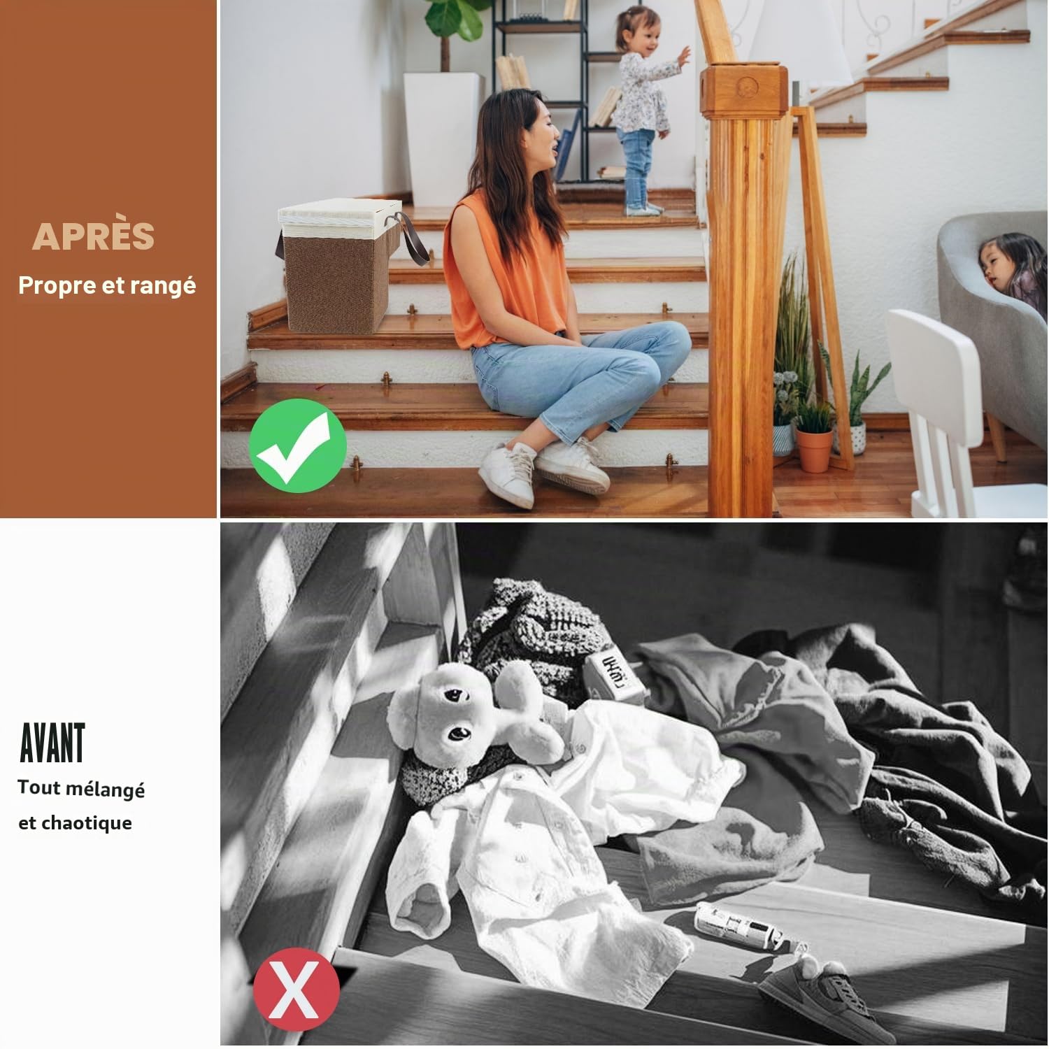 Panier pliable en lin avec poignée et couvercle, sac d'escalier, panier à linge, peu encombrant, en feutre, organisateur pour linge, jouets (marron)