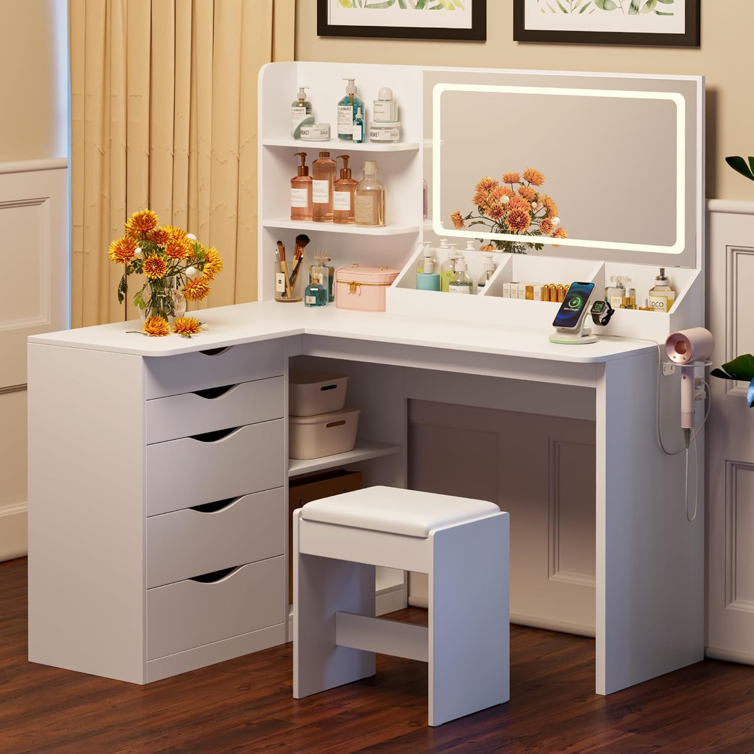 JUMMICO Makeup Vanity Desk with Mirror and Lights, L- Shaped Vanity, Modern Vanity Table with 5 Drawers & Adjustable Shelves, Power Outlet with Fast Charging, for Bedroom (White)