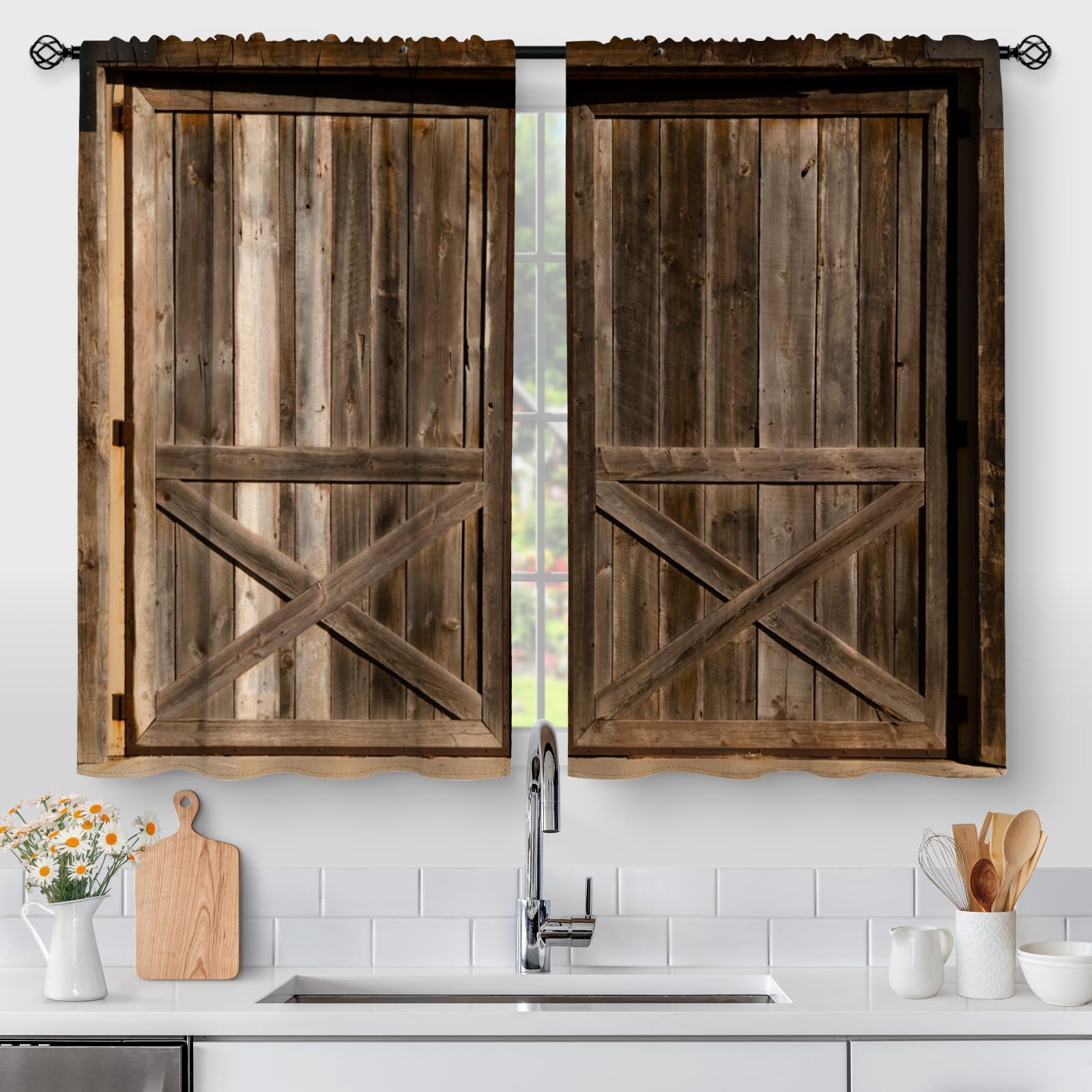 Aimego Farmhouse Wood Kitchen Curtains - Vintage Wooden Barn Door Country Small Short Tier Window Curtains for Bathroom Living Dining Room Decor Rod
