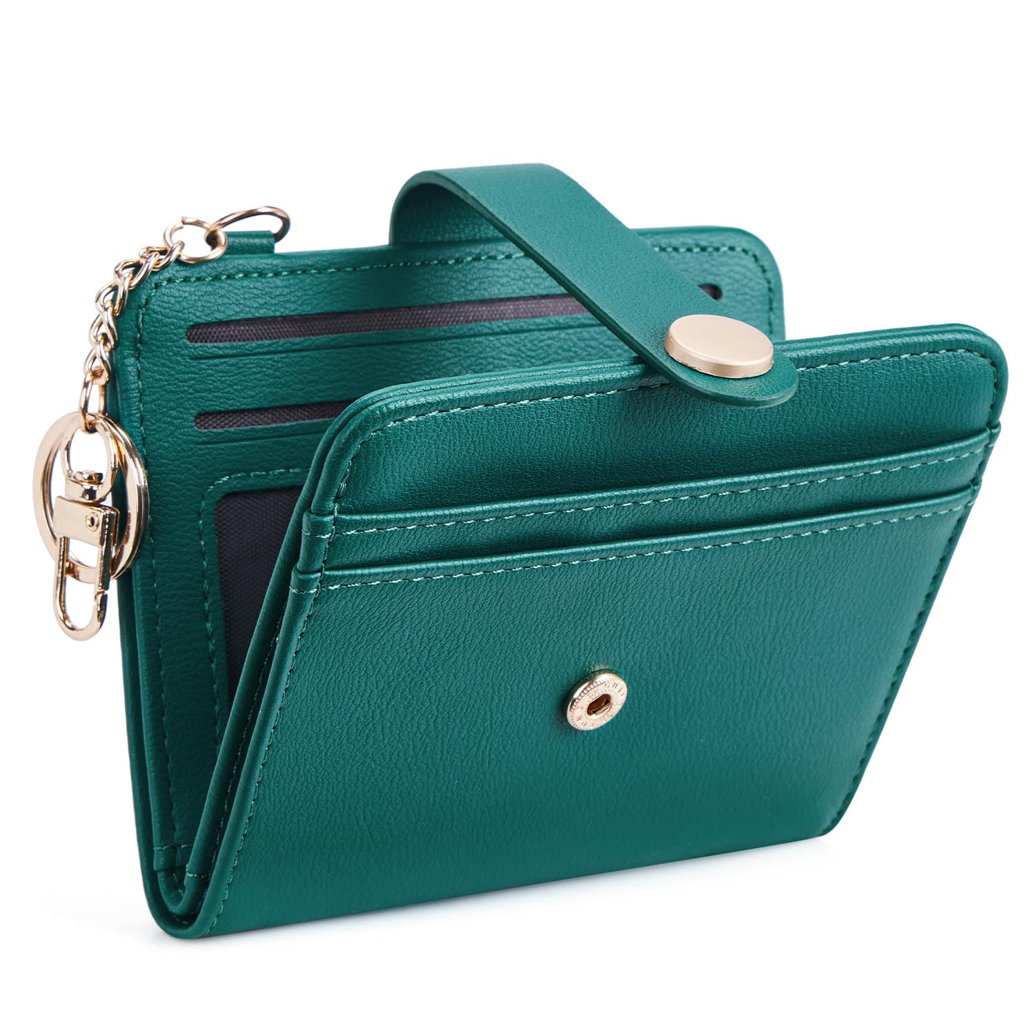 POIUGOYA Slim Wallet for Women,RFID Blocking Bifold Credit Card Holder with Zipper Coin Pocket,ID Window,Keychain, 2A-PU Leather-Forest Green, Classic