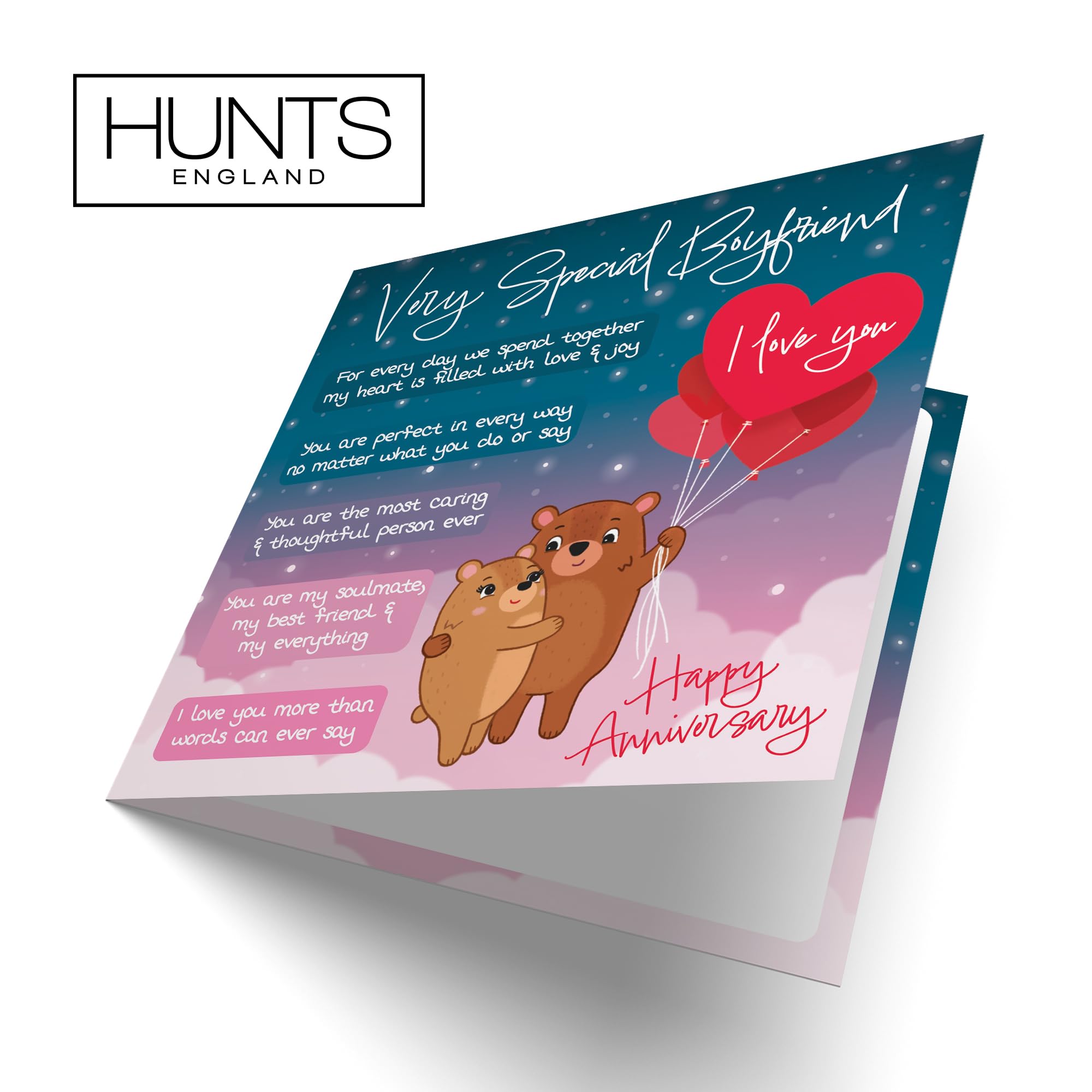 Hunts England, Boyfriend Anniversary Card, Starry Night, Cute Bears, Luxury Verse Anniversary Card For Boyfriend - Image 4