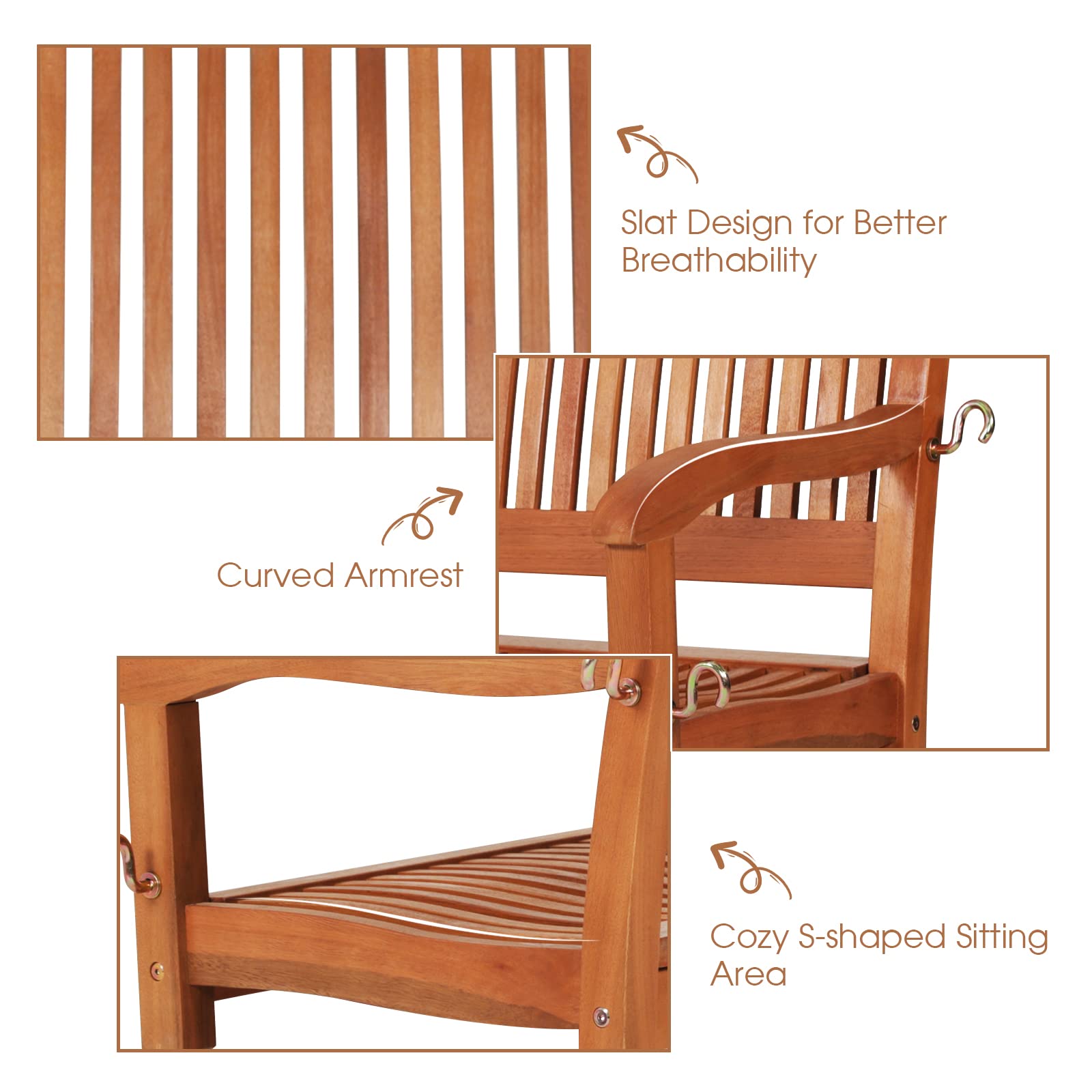 GIANTEX Columpio para Exteriores de 2 Plazas, Soporta hasta 360 kg, Columpio de Madera para Colgar de Jardín, para Balcón, Porche, Terraza
