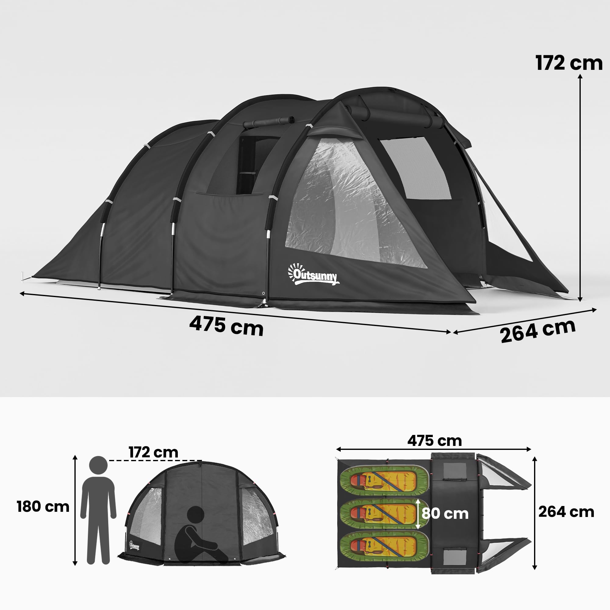 Outsunny Campingzelt für 3 Personen leicht, stabil Familienzelt mit Tür Fenster, Packtasche, groß Tunnelzelt mit 2000mm Wassersäule Zelt für Camping Reise Trekking Garten