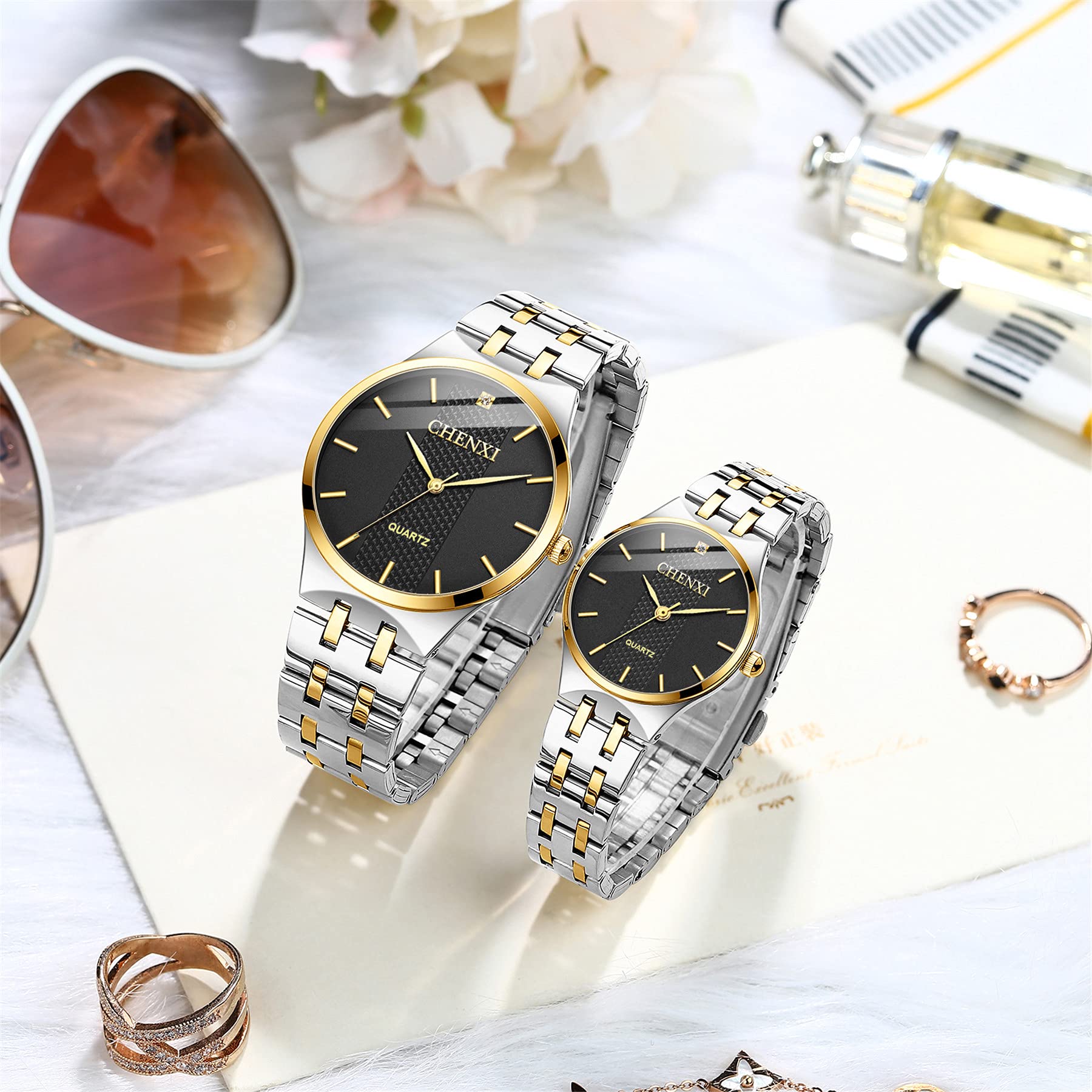 JewelryWe Para analogowych zegarków kwarcowych z kalendarzem, wodoodporny 30 m, bransoletka ze stali nierdzewnej, dla mężczyzn i kobiet, z tarczą ze strasu