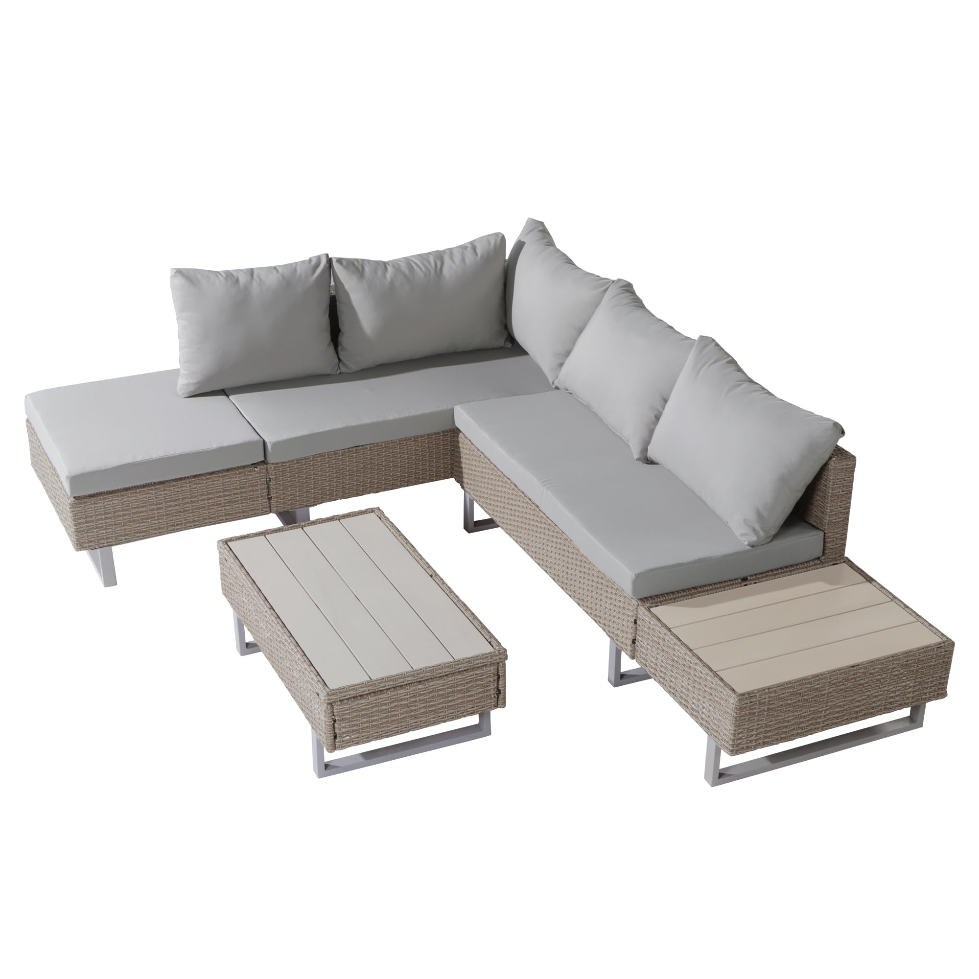 Rtopsu Set di Divani da Giardino in Polyrattan per 5 Persone, Mobili da Giardino Lounge Balcone Mobili da Patio con Divano Angolare Tavolo in Cuscini per Patio Giardino Balcone, Kaki