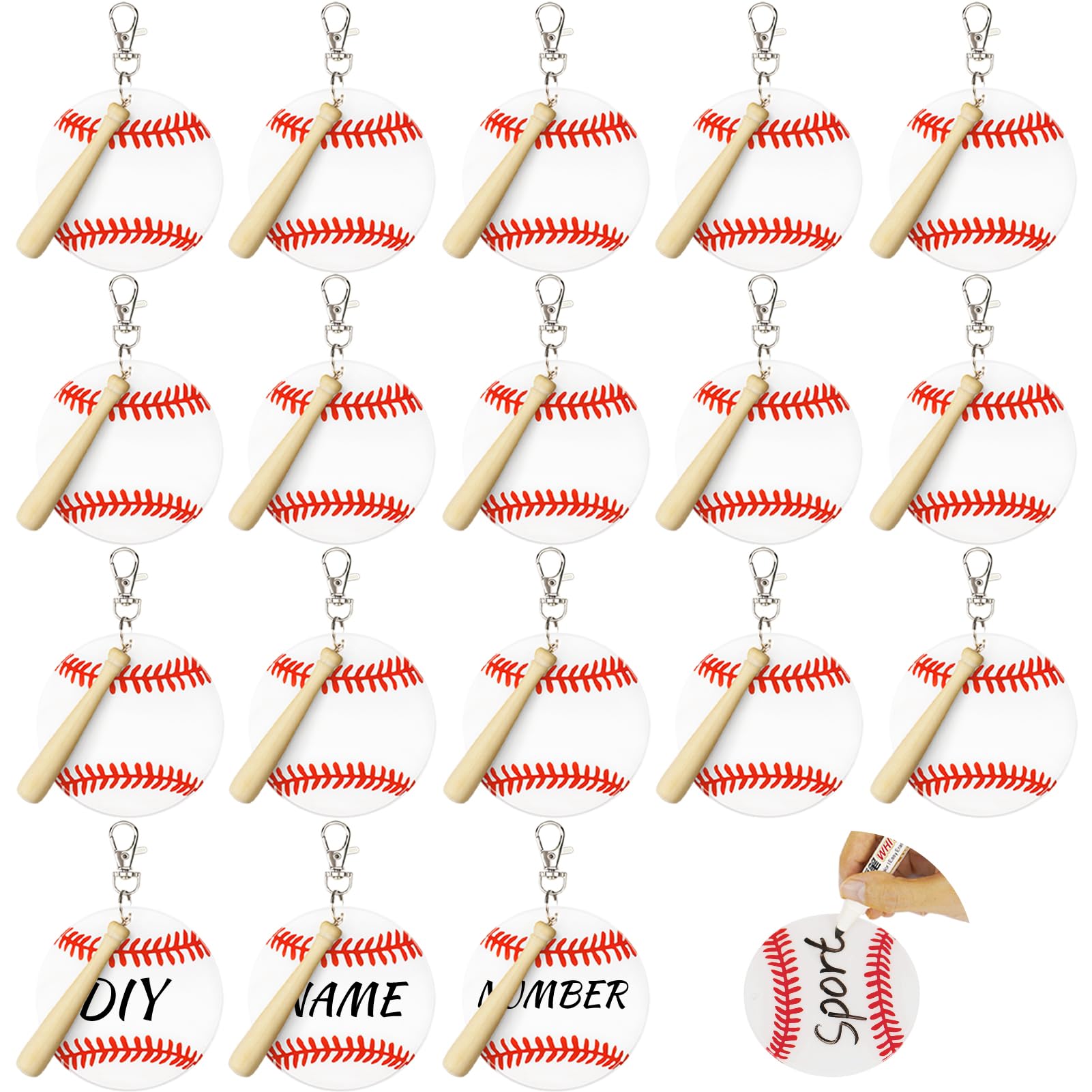 AUHOKY 18Sets 56Pcs Baseball Softball Acrylic Keychain Blanks Kit for DIY Sports Party Favor with 2 Pen
