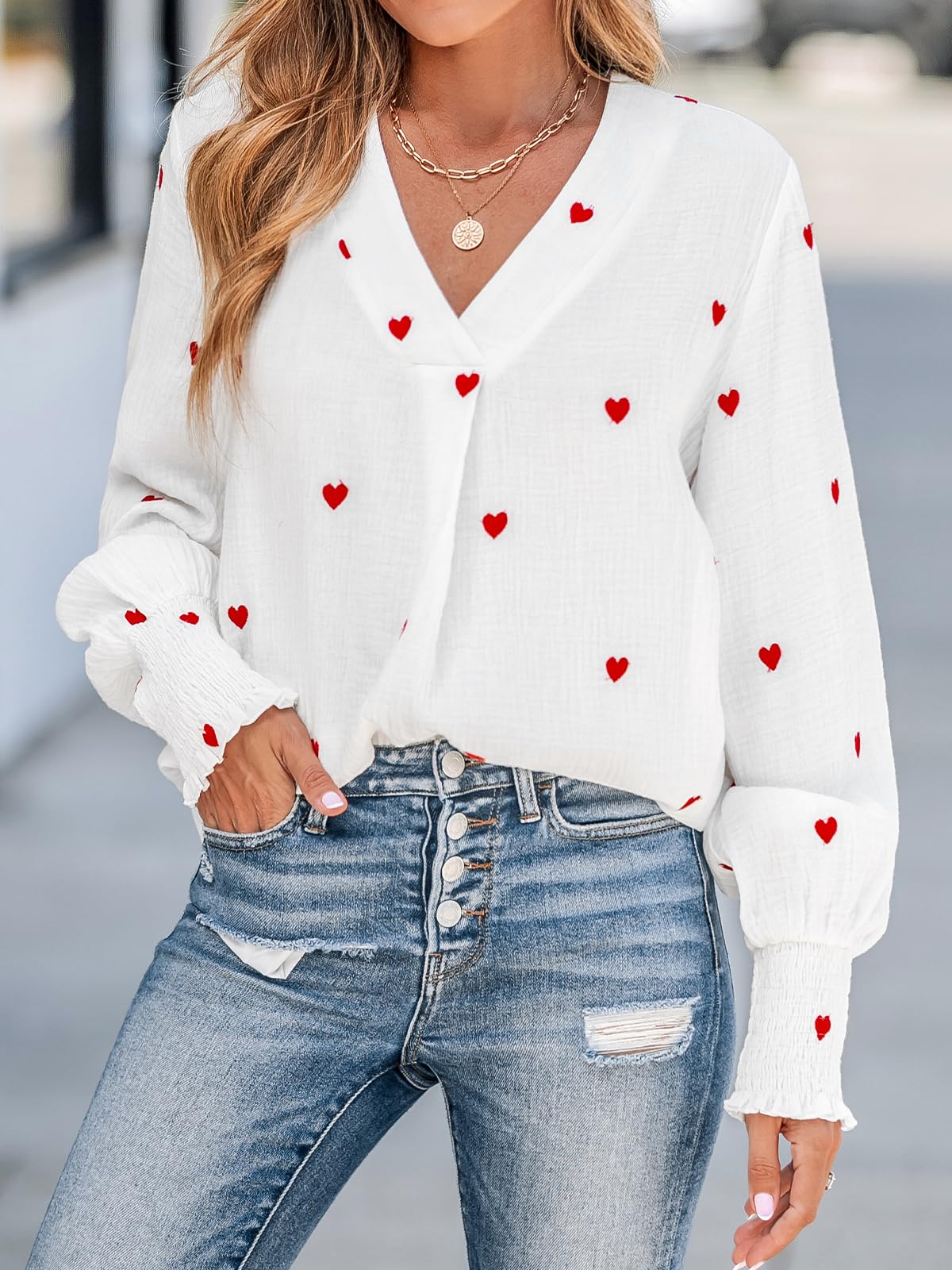 CUPSHE Bluse Damen Elegant Baumwolle Langarm V-Ausschnitt Herz-Stickerei