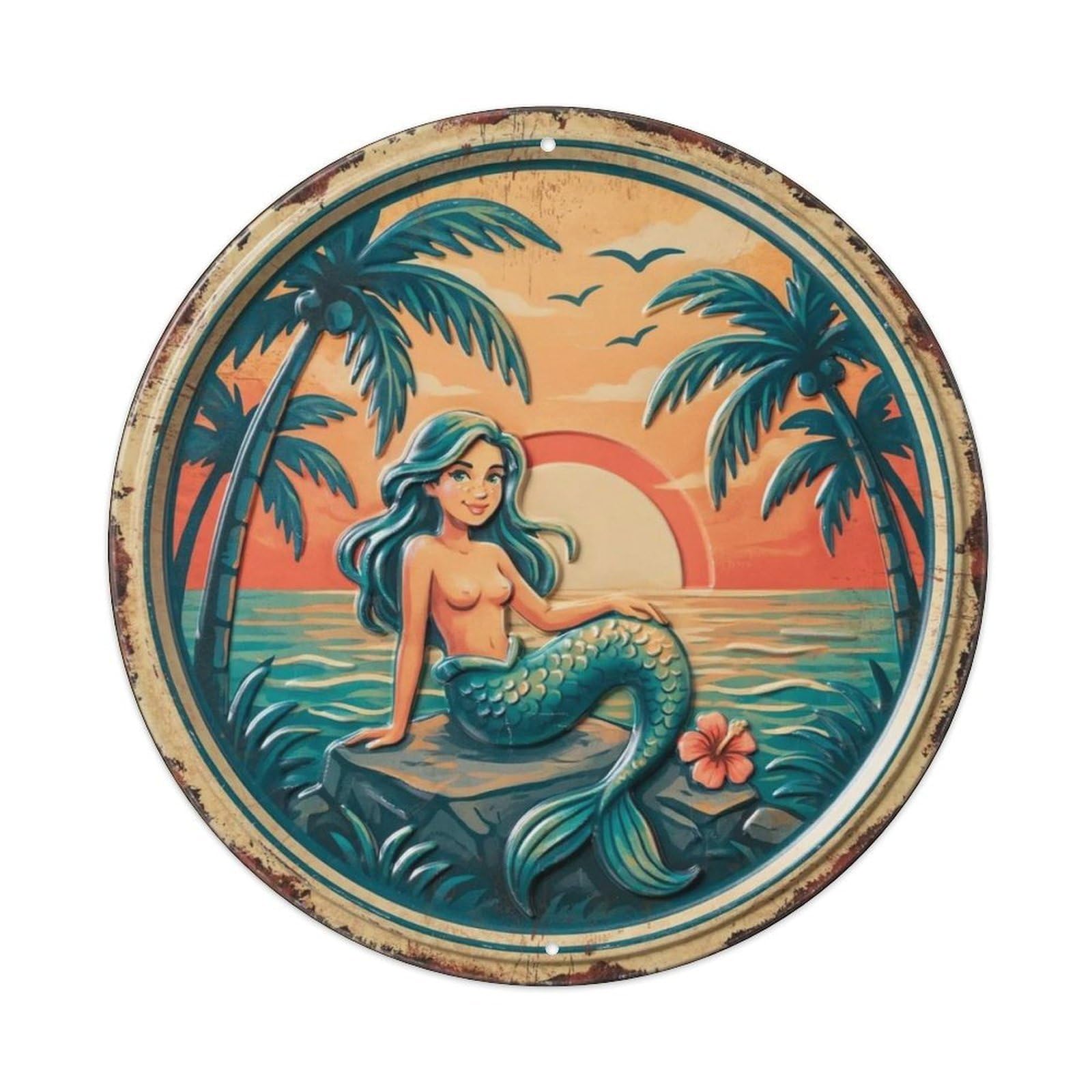 Tropical Sunset Mermaid 3D Round Metal Tin Sign Plaque