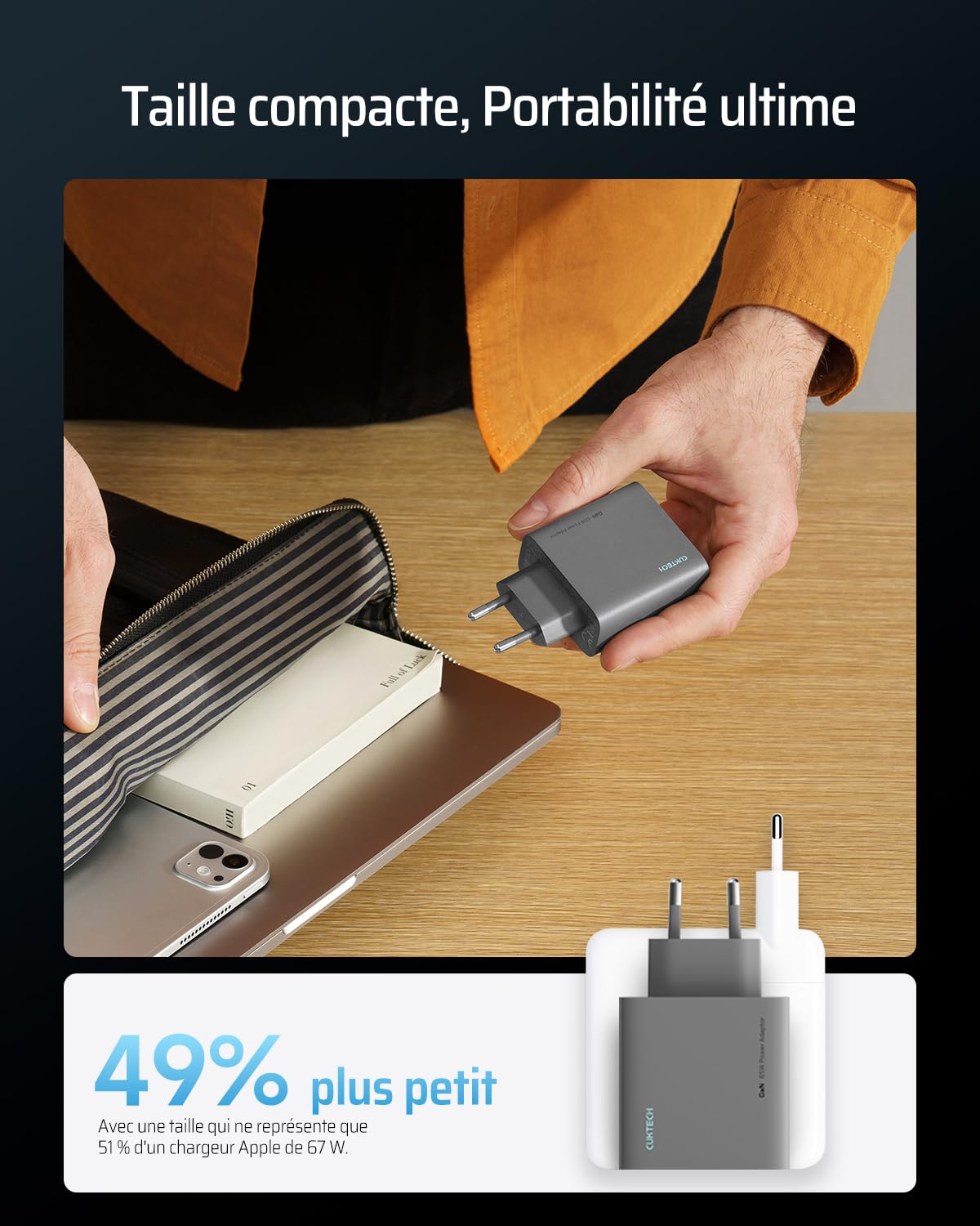 CUKTECH Chargeur USB C 65W, 3 Ports GaN III et PPS PD3.0 Chargeur Rapide, Chargeur 65W USB C Rapide Compatible avec MacBook Air/Pro, iPad Pro, iPhone 16/15/14/13, Samsung S24/S23, Xiaomi