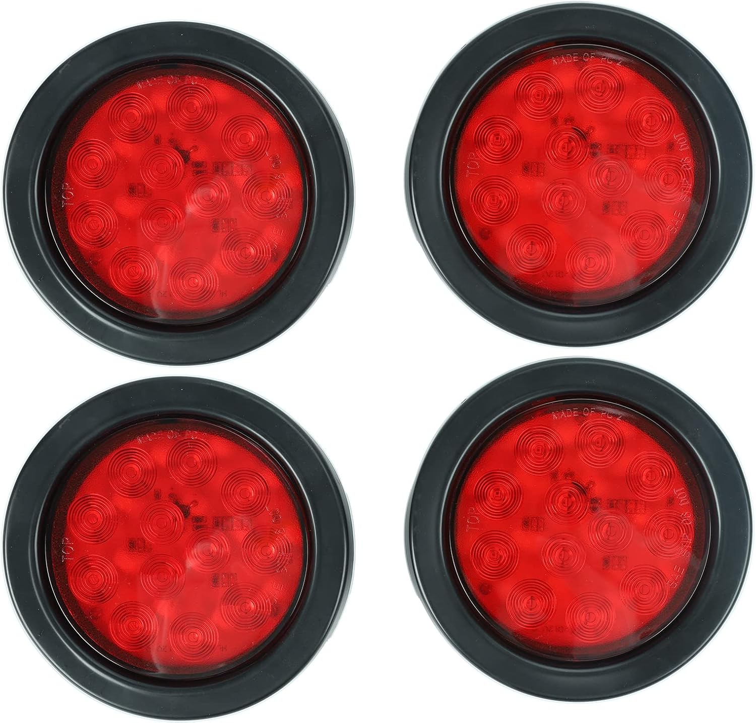 4Pcs 4" Round Red LED Trailer Tail Lights, Grommet Plug 12 LED Waterproof Stop Turn Signal Stop Brake Trailer Lights for Tractor Truck Bus Lorries Jeep RV