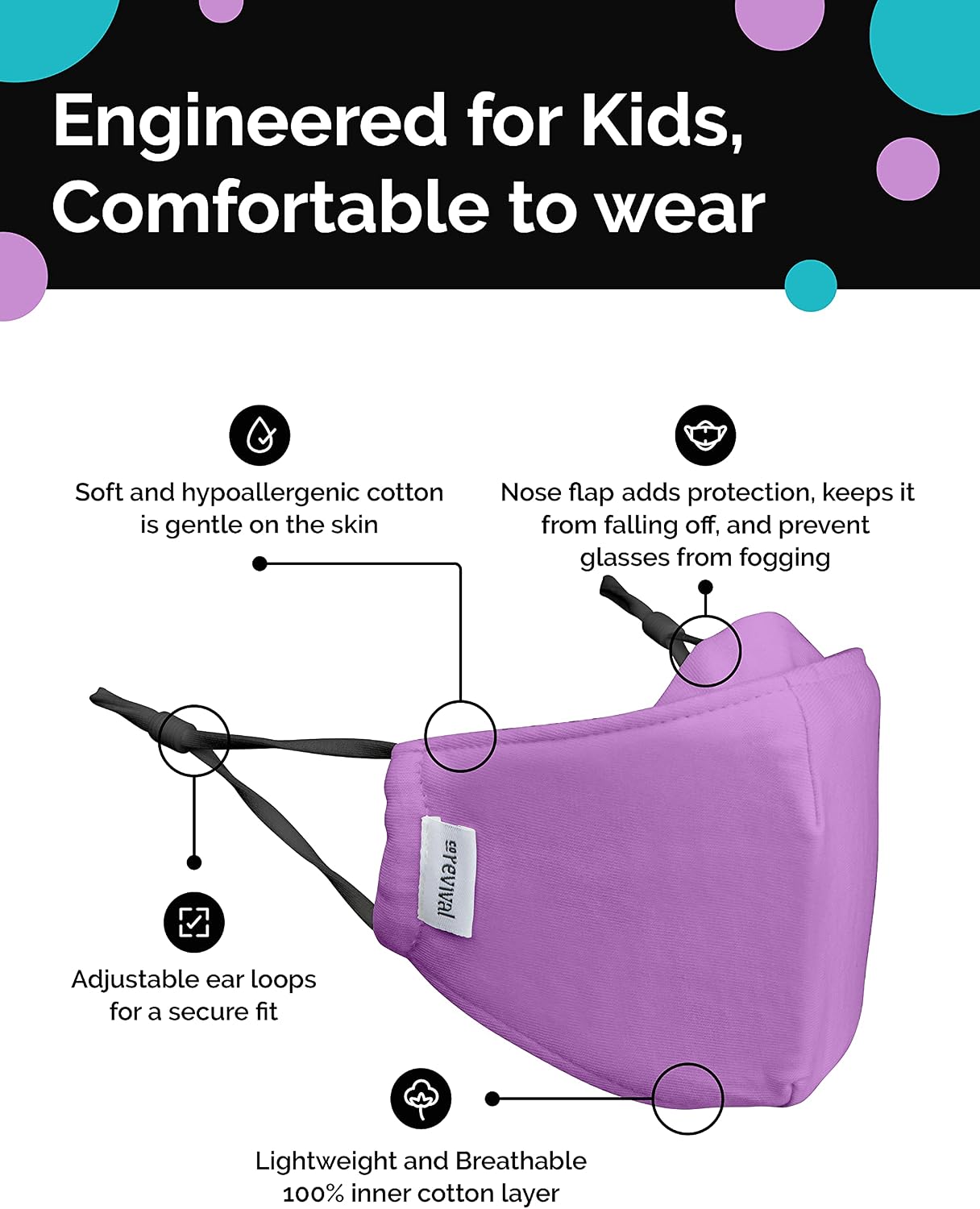 COREVIVAL Kids Face Mask | Children's 2-Pack | Reusable, Cotton, Adjustable, Breathable | The Revival Kids Mask (Violet, Teal)