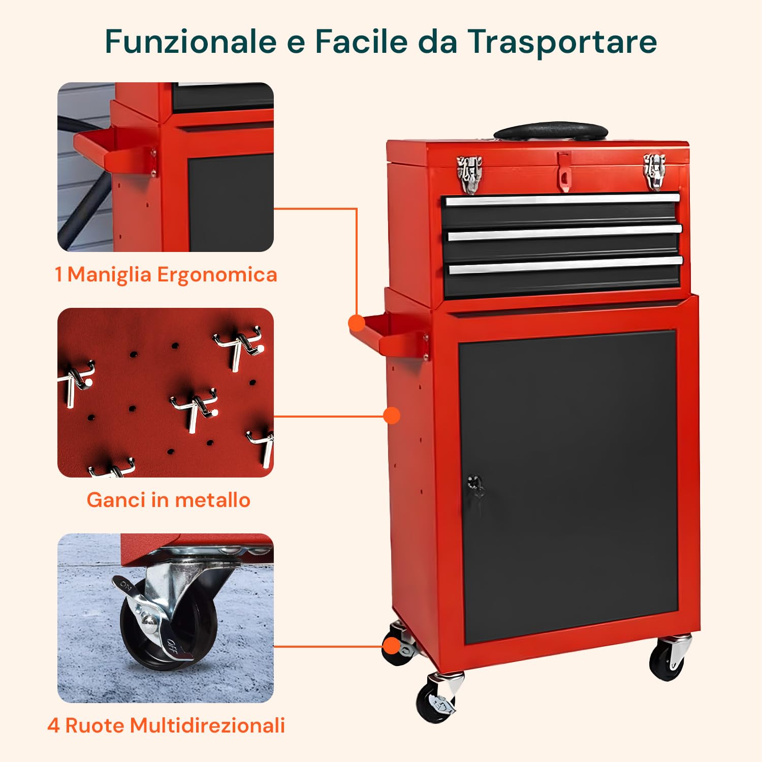 Avilia - Carrello Porta Attrezzi Professionale con 3 Cassetti Scorrevoli e Armadietto con Serratura per Garage e Officina, Struttura in Metallo Verniciato Facile da Spostare