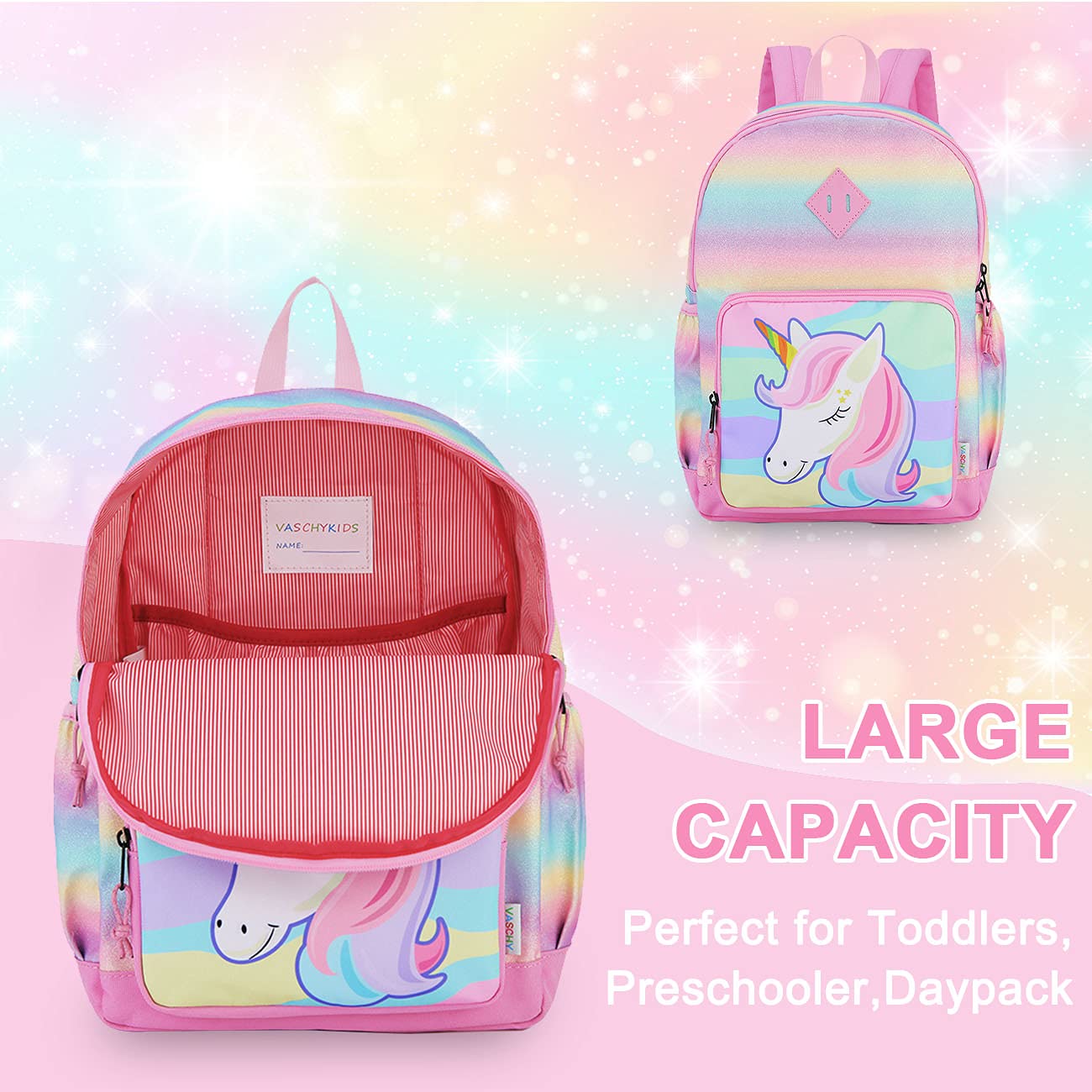 VASCHY Mochila Niña, Mochilas Escolares Mochila Infantil 4-6 Años para Escolar Ajustar Carpeta A4 con Bolsillos Laterales y Correa en Pecho