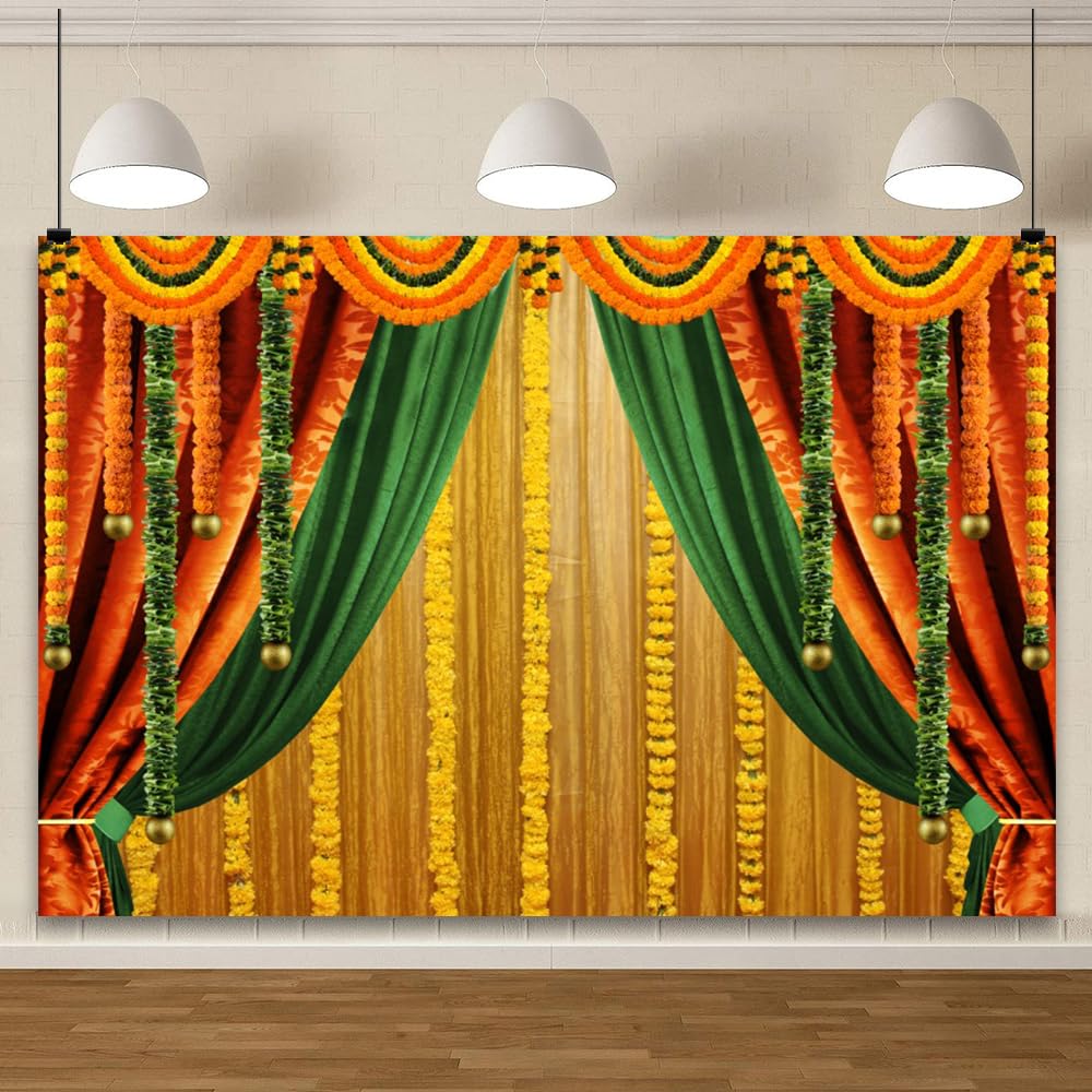 YongFoto Indian Traditional Backdrop 10x6.5ft India Macrame Marigold Garland Yellow Red Curtain Photography Background Hindu Wedding Marriage Bridal Shower Happy Holi Pooja Party Decor Photoshoot