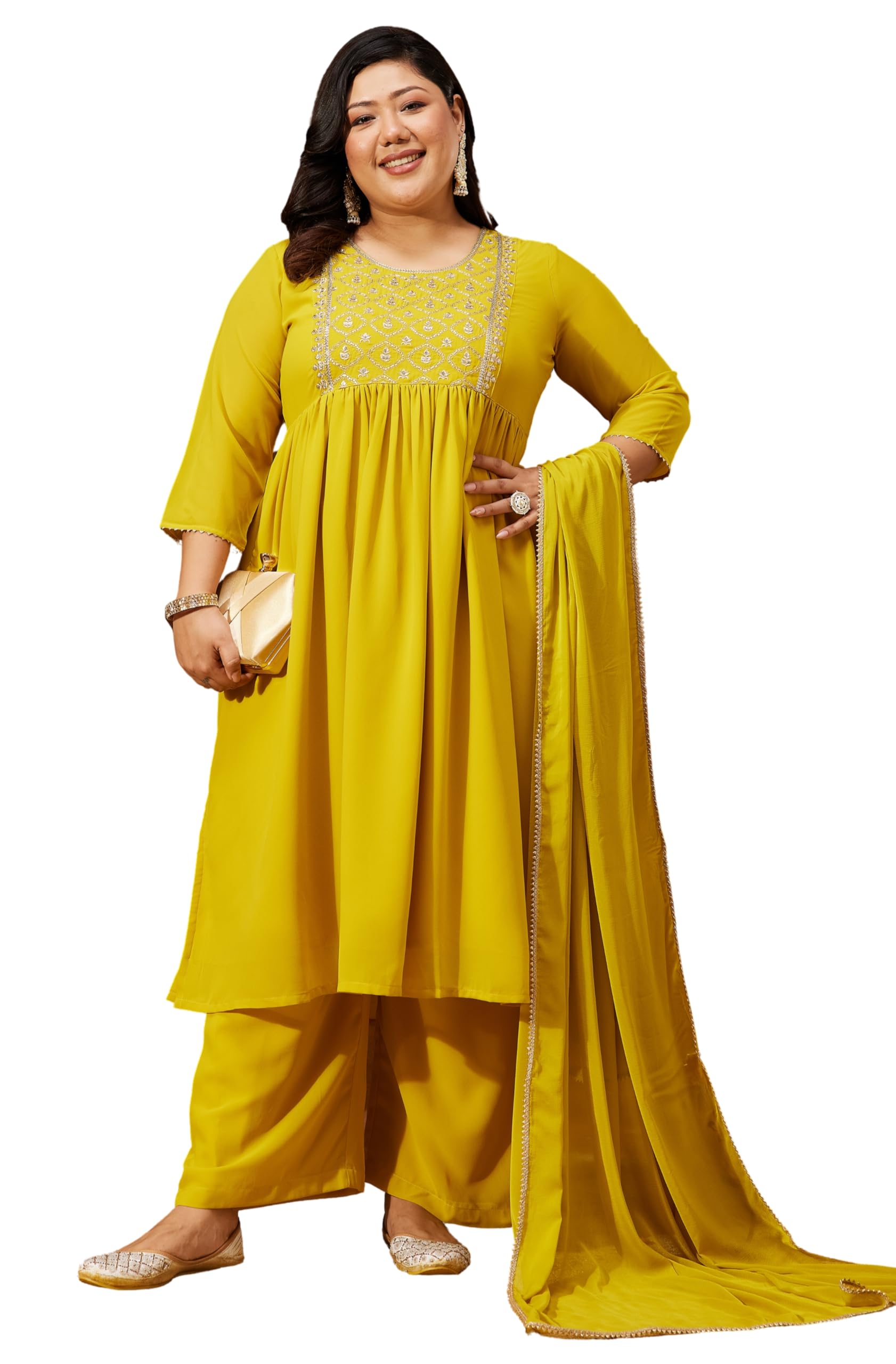 janasya Women's Plus Size Yellow Georgette Yoke Embroidered A-line Kurta with Palazzo & Dupatta Set-picture-10