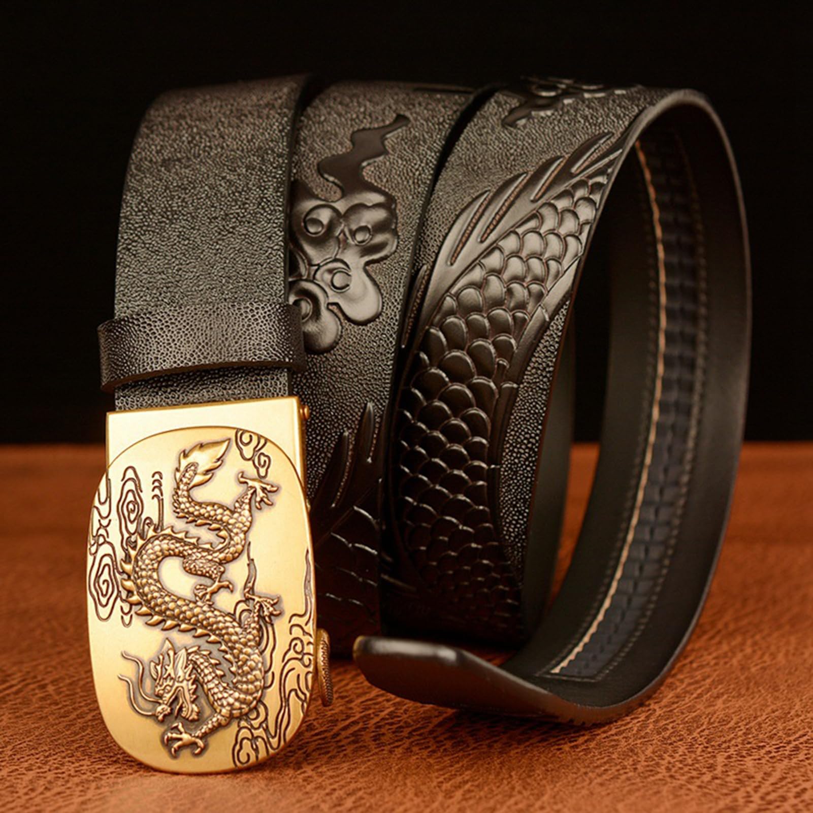 Cinturón De Vestir De Carraca para Hombre Hebilla Automática Deslizante Dragón Tallado Occidental En Relieve Cuero De Vaca De Grano Completo Correa De Grueso(120cm/47, Dragon-I)