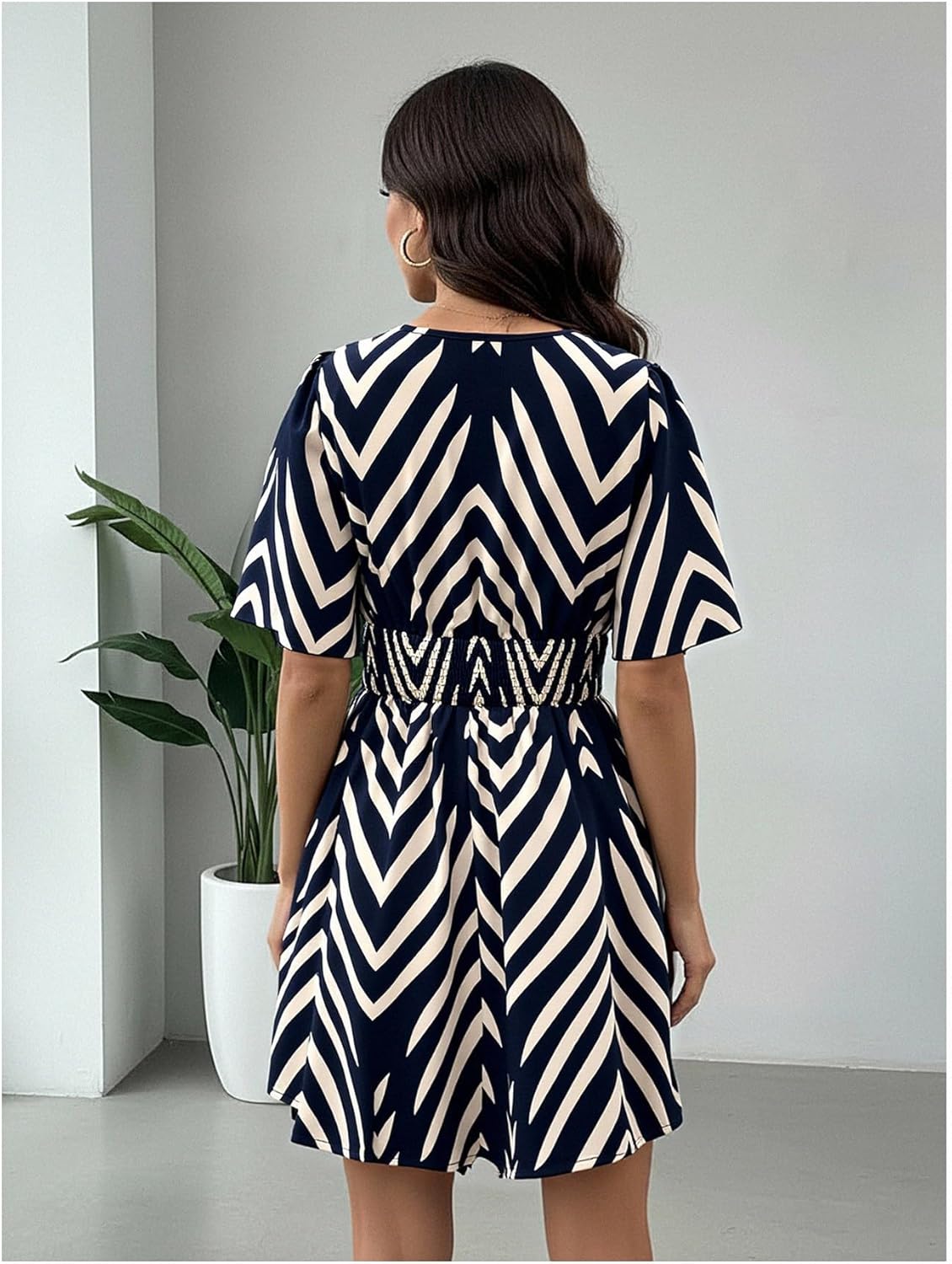 Women's Summer Geo Print Deep V Neck Dress Boho Ruched A Line Flowy Mini Beach Vacation Dresses - Image 2