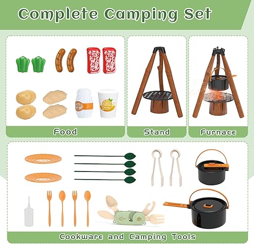 Miniatura 4 de Juego de juguetes de campamento para niños, juego de cocina con estufa de spray, juguetes de comida, vajilla, juguetes de fogata para niños pequeños