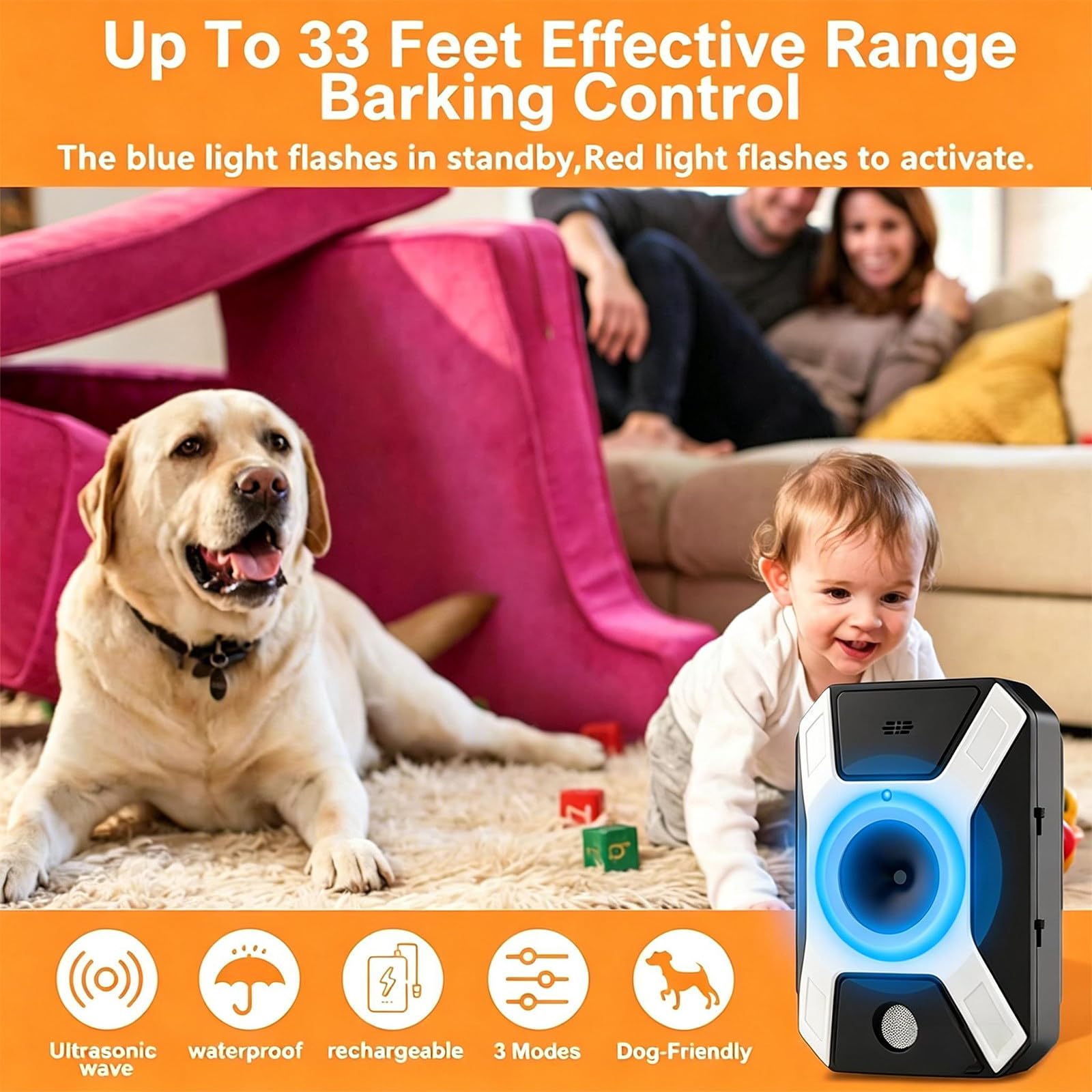 Billg Anti Aboiement Chien, 3 Réglable Fréquence Ultrasons Dispositifs Anti-aboiements, 50 Pieds Rechargeable Dispositif Dissuasion, Sifflet Ultrasonique pour Chiens intérieurs et Extérieurs