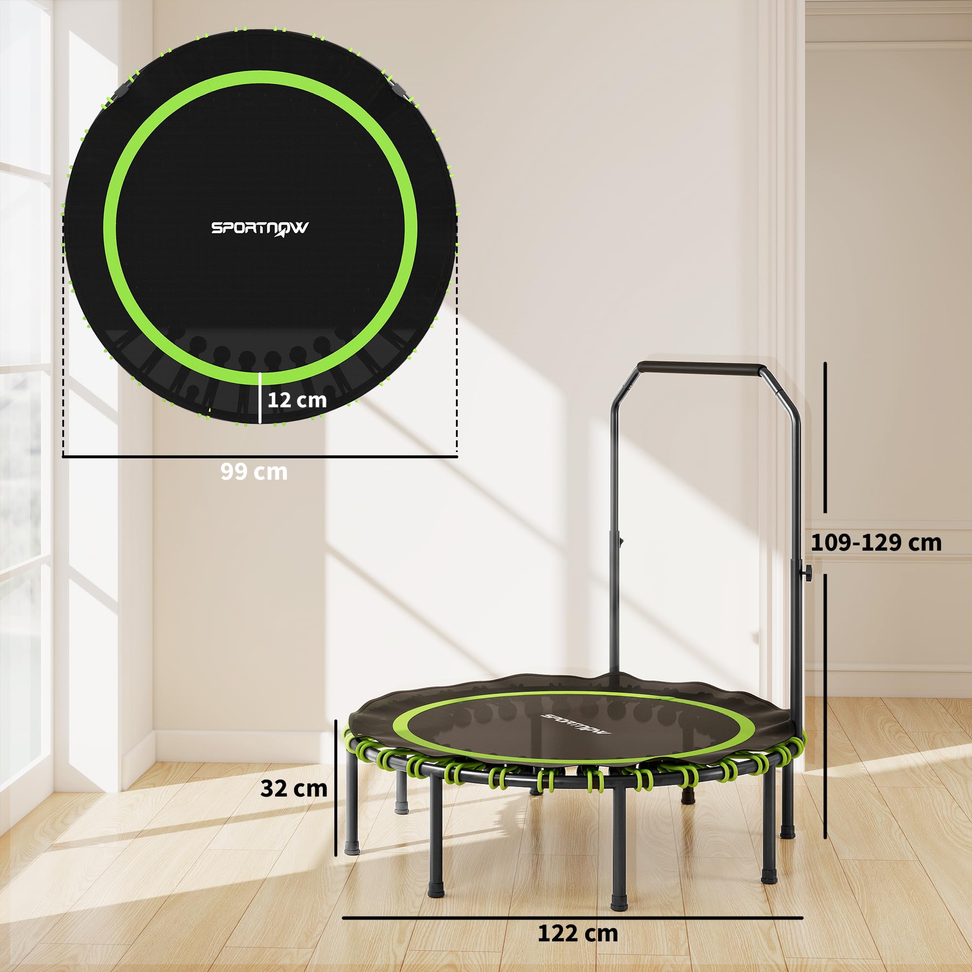 SPORTNOW Trampolina fitness, Ø 114/122 cm, składana, mini trampolina z 5 regulowanymi stopniami uchwytu, cicha gumowa linka, trampolina dla dorosłych, do użytku wewnątrz i na zewnątrz