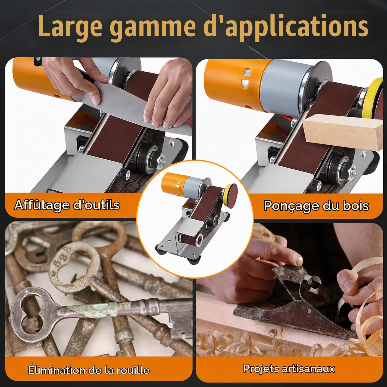 Ponceuse à Bande, Mini Ponceuse à Bandeélectrique Pour Couteaux Polisseuse Diy 7 étapes AffûTeur De Couteaux à 15° Avec Angle Fixe Meuleuse De Bord Avec 10 Bandes Abrasives Et 20 Feuilles Abrasives