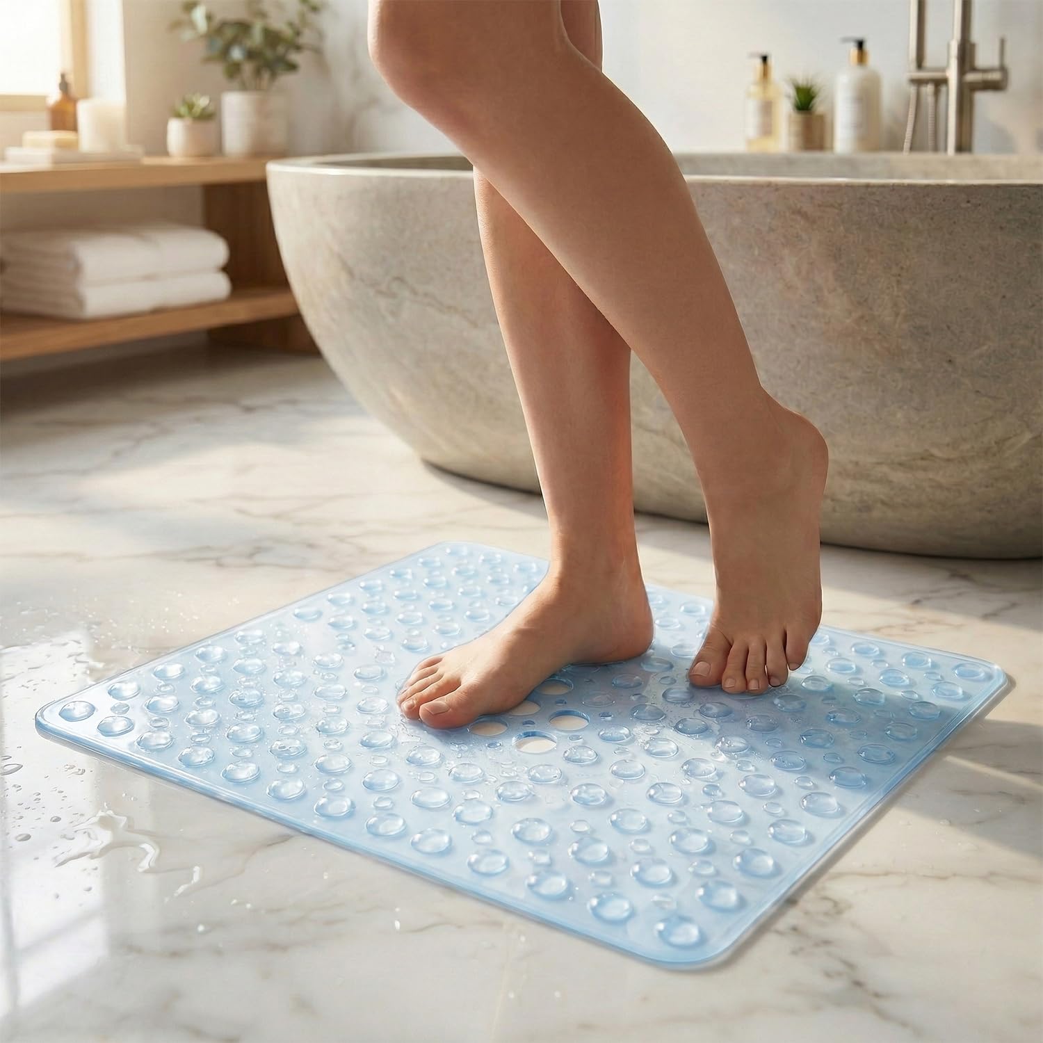 Rugs Garden Shower Bath Mats - Washable Non Slip Anti Mould Rubber Bathmat with Suction Cups for Bathtub and Bathroom (Sky Blue, 53x53 cm)