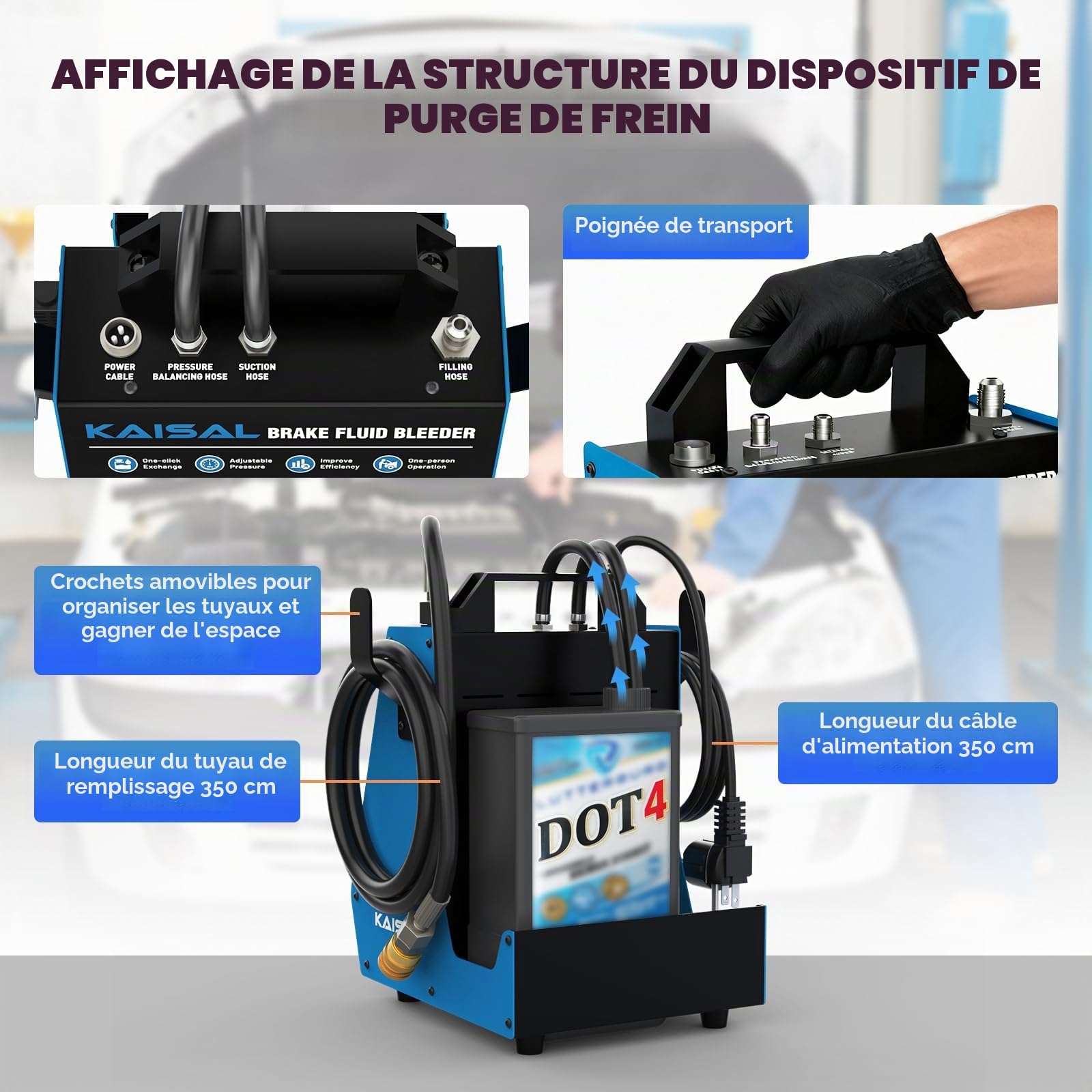 KAISAL Purgeur de Frein de Voiture, Changeur de Liquide de Frein Impulsion 220V, Pression de Service Réglable de 0.5 à 2.5 Bar, Protection Contre la Basse Pression d'huile