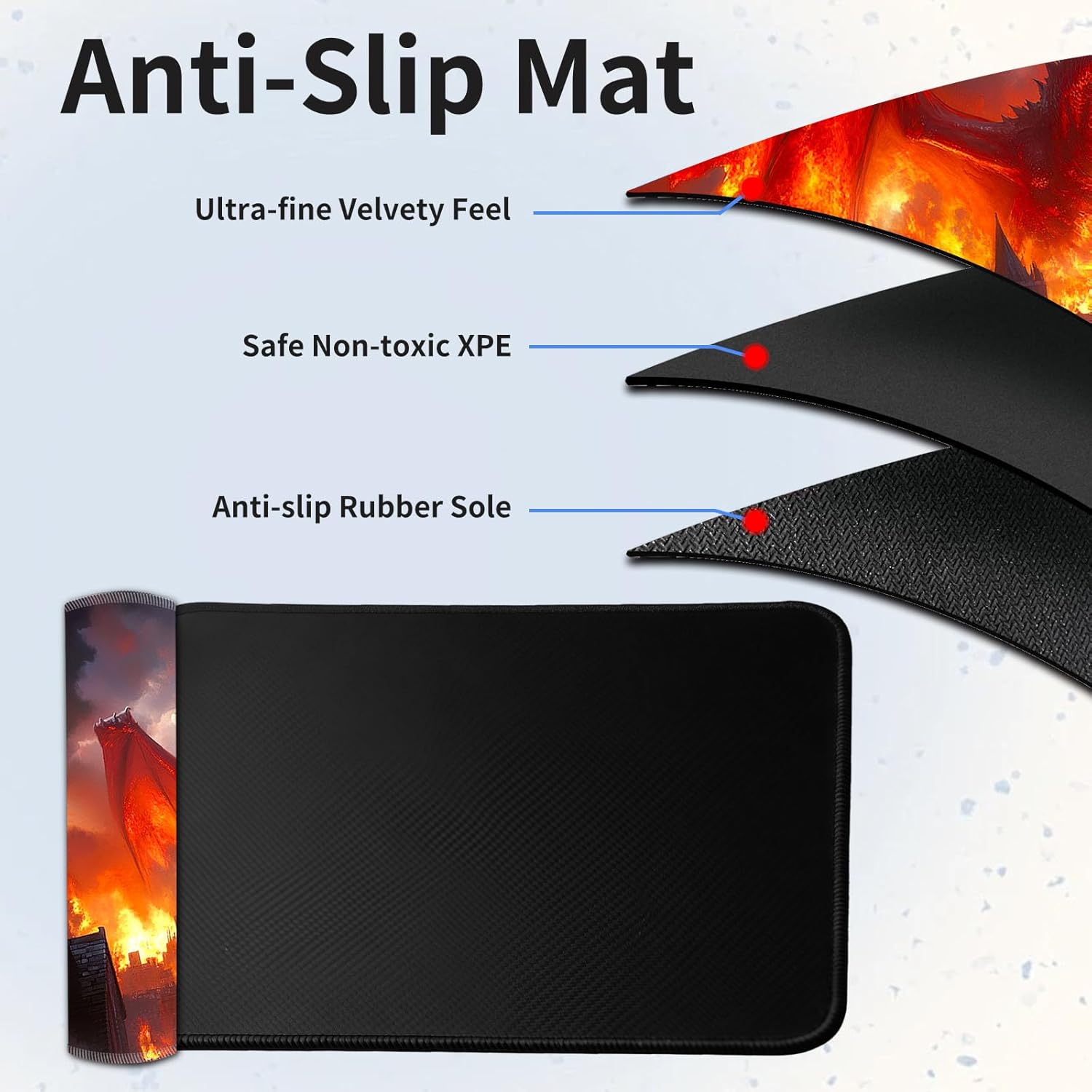 Playmat for MTG & Magic: The Gathering, Red Fire Dragon Destroying Medieval City 24x14 inch Non-Slip TCG Game Mat for Commander, Card Game Table Mat