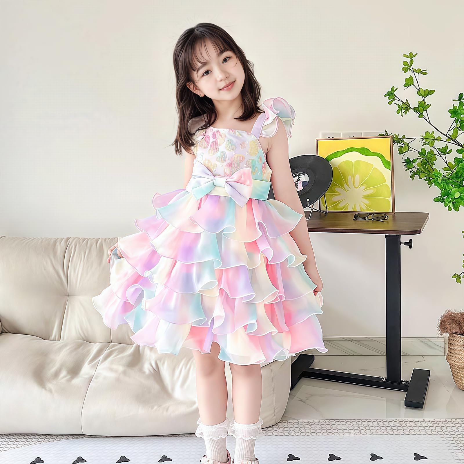 Vestido de Verano sin Mangas para Niña,Vestido de Princesa de Tul Arcoíris,Adecuado para la Fiesta de Cumpleaños de la Dama de Honor de la Niña de Las Flores de la Boda,Apto para Niños de 4 a 8 Años