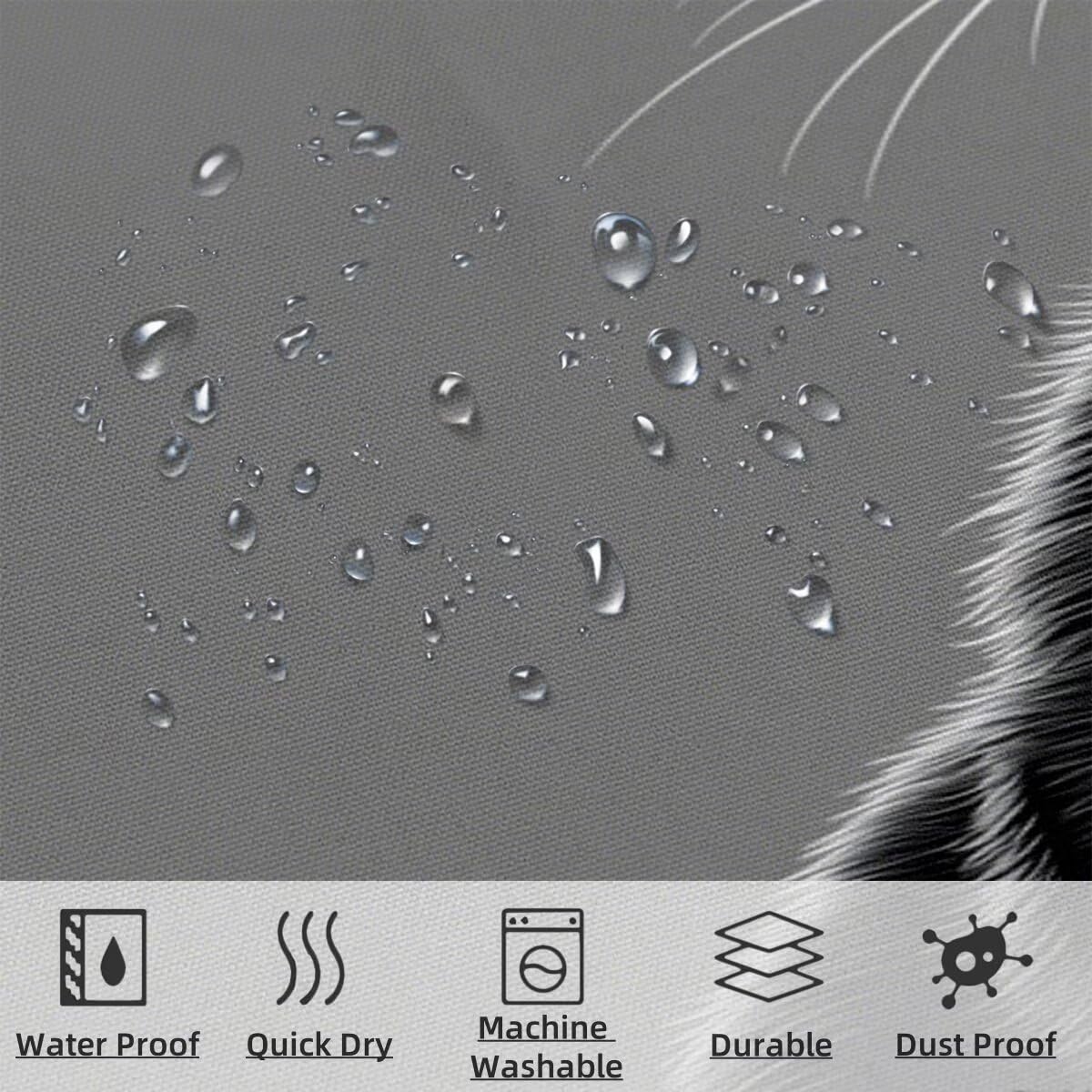 Grau Duschvorhang 240x200, Duschrollo mit 12 Duschvorhang Haken, Katze Shower Curtains Beschwerter Saum, Waschbar Polyester Stoff Wasserdicht Extra Lang für Badewanne Badezimmer Deko, Geschenke -4631
