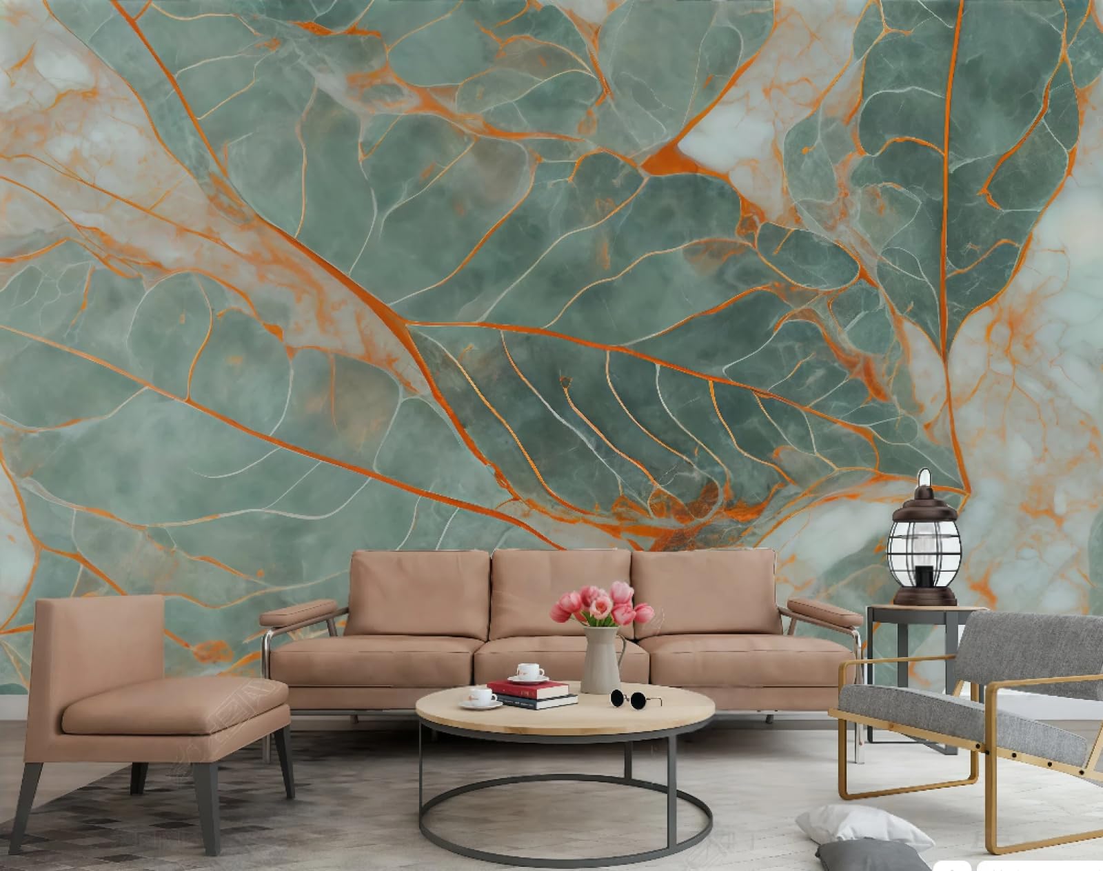 Tapeta sztuka nowoczesna pomarańczowy zielony liść wzór abstrakcyjny marmurowy wzór TV sofa tło tapeta ścienna salon restauracja kawiarnia mural, 3D, 250 x 175 cm