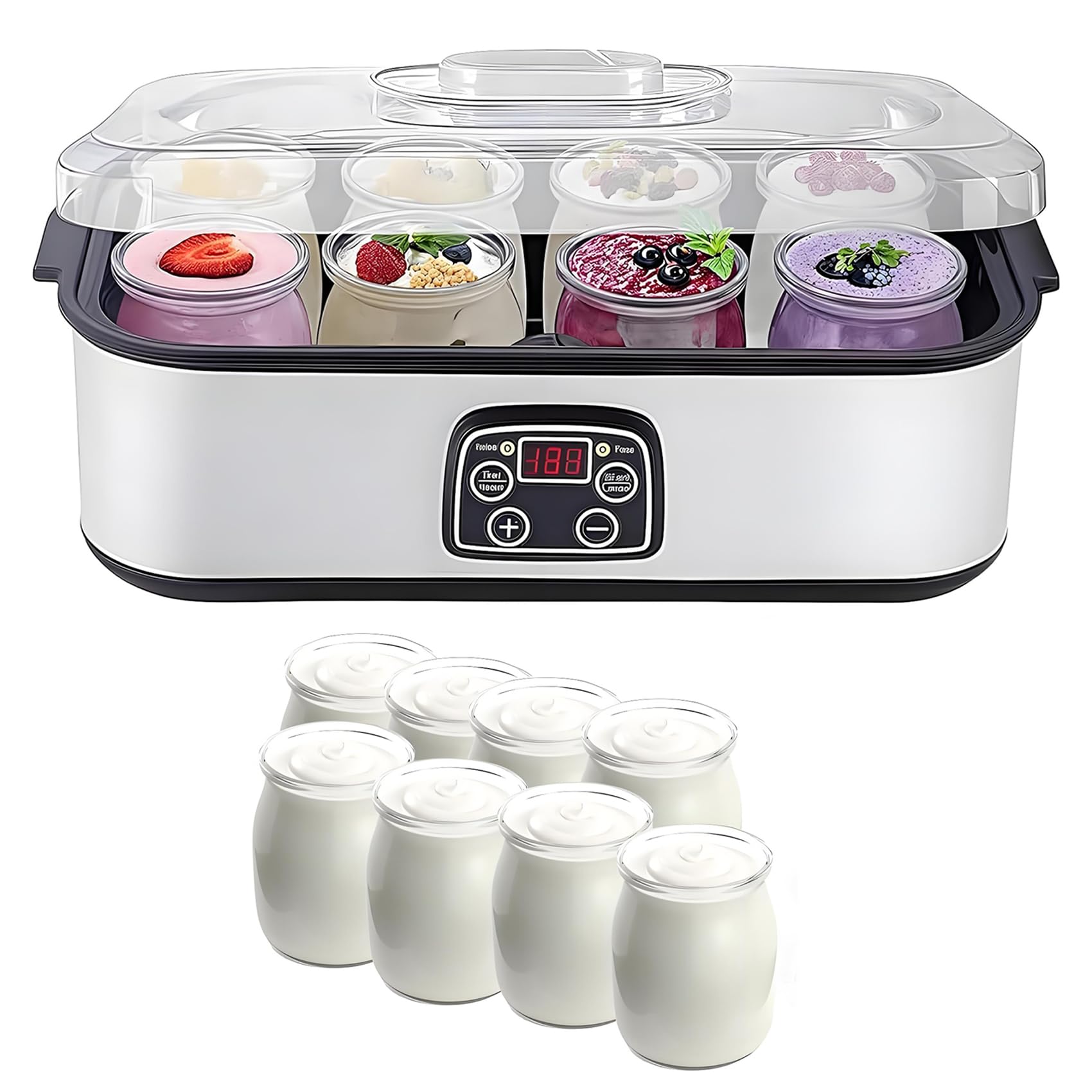 Yaourtière automatique, multifonction avec écran LCD, 8 récipients en verre, contrôle de la température et du temps réglables pour yaourt frais maison, 1400 ml