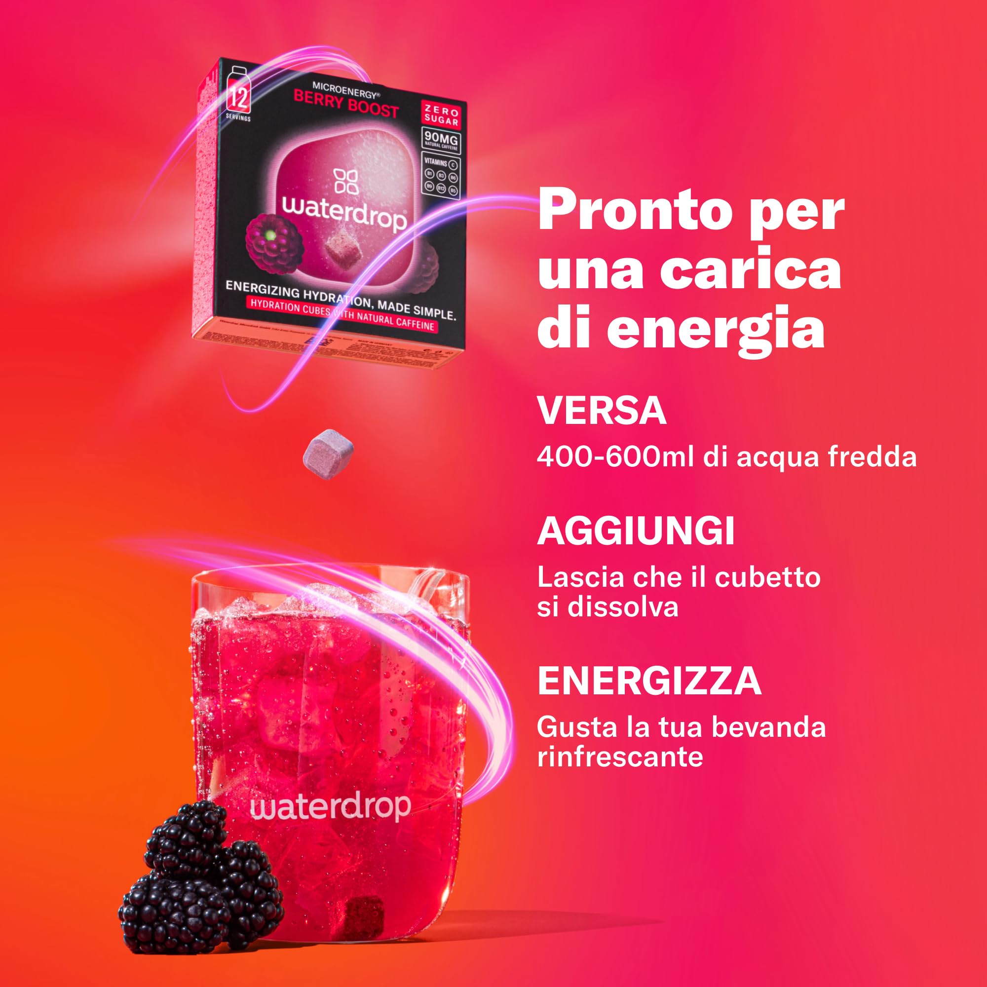 waterdrop® Energy Drink, 90mg Caffeina Naturale con Vitamina B, 36 cubetti per acqua - Zero Zuccheri e poche Calorie - Bevanda energetica al gusto di frutti di bosco, mango e ciliegia - preworkout