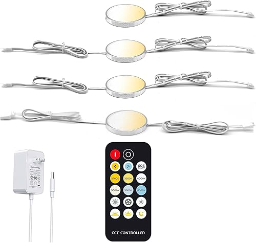 Miniatura 3 de Luces para debajo del gabinete, kit de iluminación LED de cocina, 4 luces circulares CCT de 2700k-6500k con enchufe de 12 W, control remoto RF,