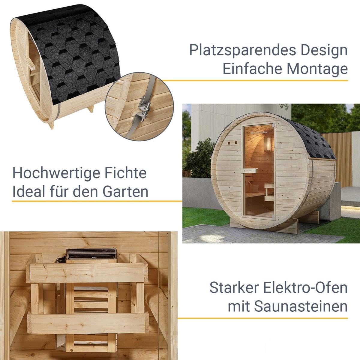 Outdoor Sauna Fasssauna Speyer aus Fichtenholz – Saunafass Komplettset mit Saunaofen, LED Beleuchtung & Zubehör – Gartensauna (M - 120x191)