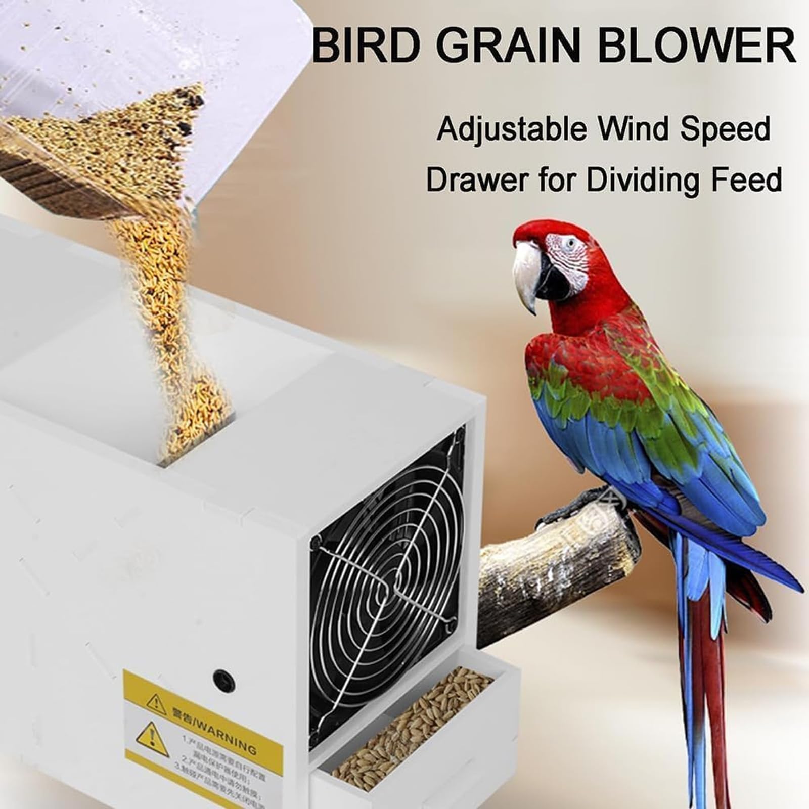 Elektrisches Vogelfuttergebläse und Getreidegewinnmaschine mit verstellbarem Ventilator, Dual-Schubladen-Samenreiniger für Hirse, Getreide, Vogelfutterverarbeitung