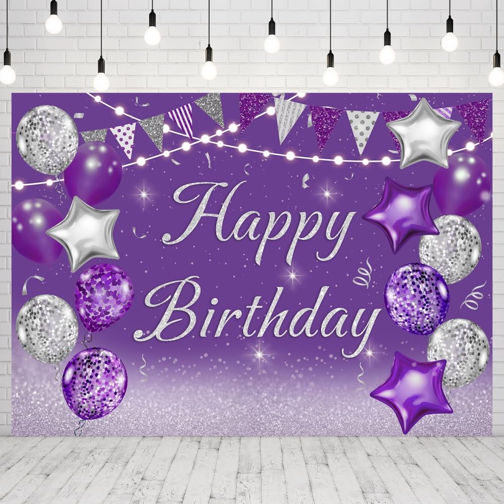 INRUI Purple Happy Birthday Photography Backdrop Silver Glitter Balloons Girls Women Sweet Princess Birthday Party Decorations Banner 8x6FT